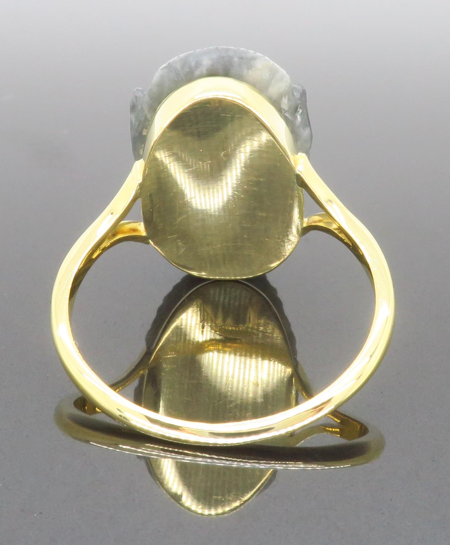 Round Cut 18k Yellow Gold Ring with Carved Labradorite Gorilla with Diamond Eyes