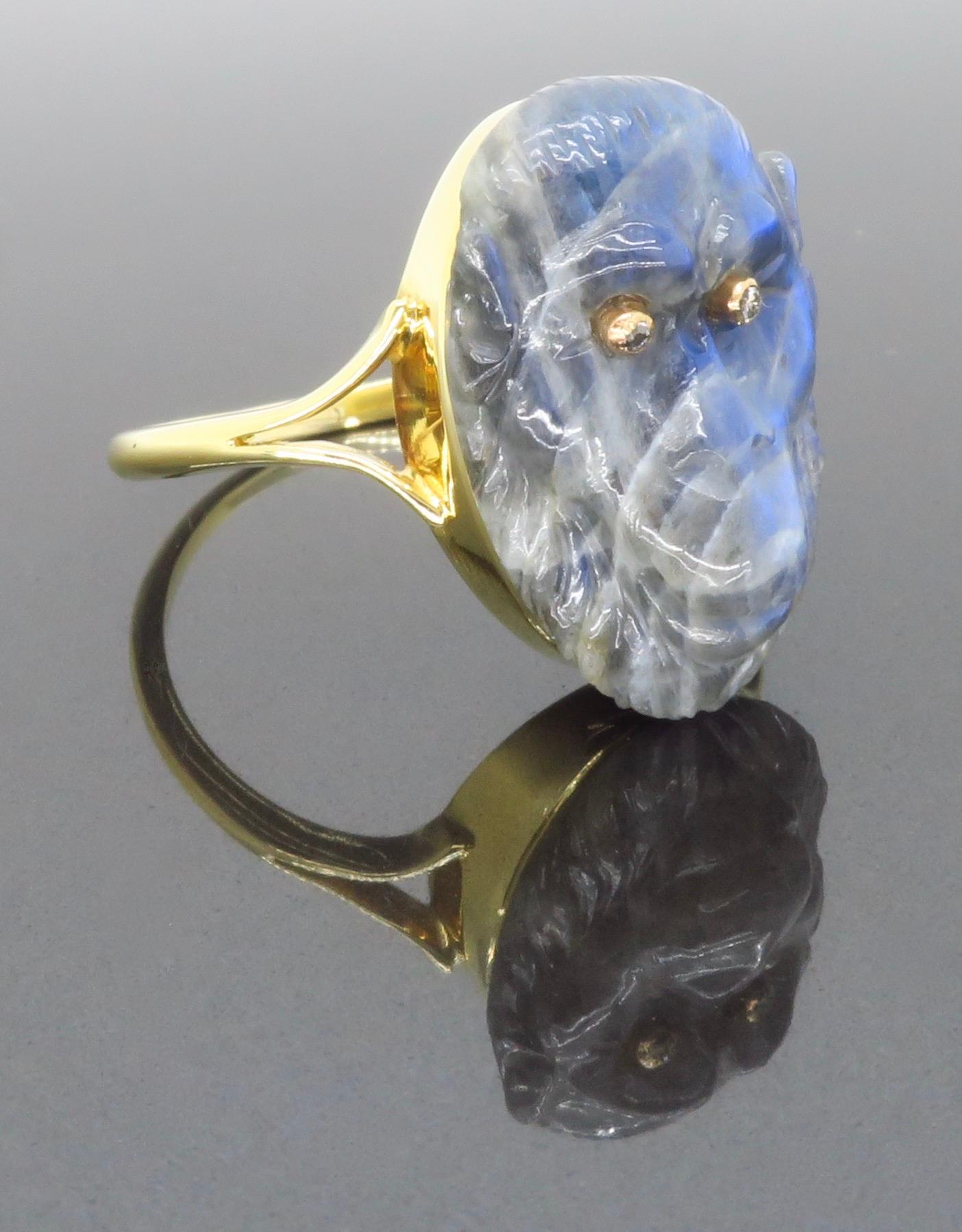 18k Yellow Gold Ring with Carved Labradorite Gorilla with Diamond Eyes In Excellent Condition In Webster, NY