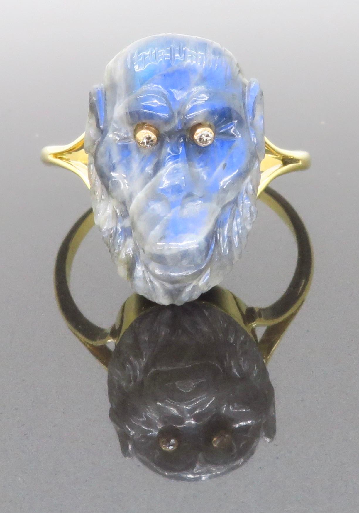 Women's or Men's 18k Yellow Gold Ring with Carved Labradorite Gorilla with Diamond Eyes
