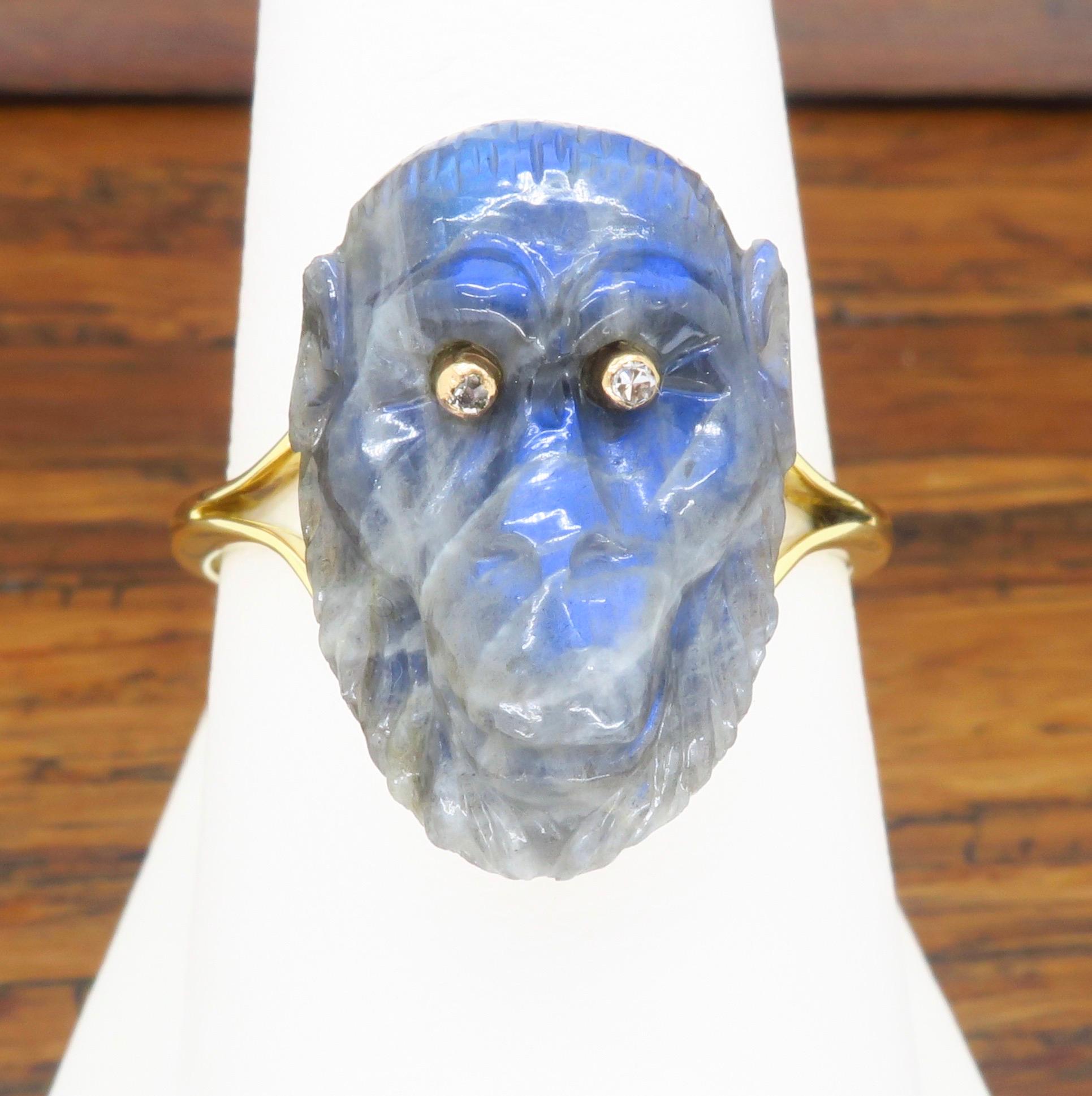 18k Yellow Gold Ring with Carved Labradorite Gorilla with Diamond Eyes 1