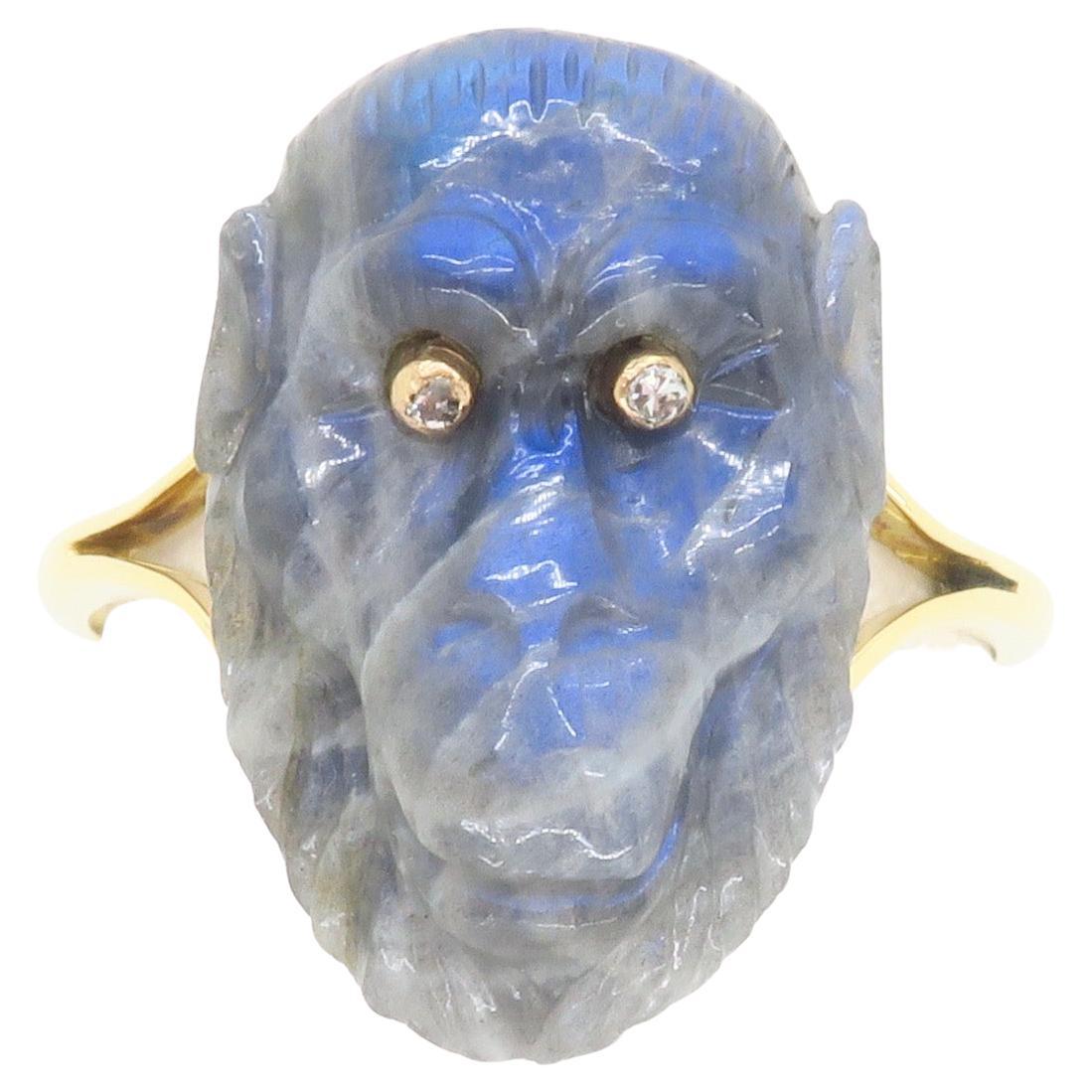18k Yellow Gold Ring with Carved Labradorite Gorilla with Diamond Eyes