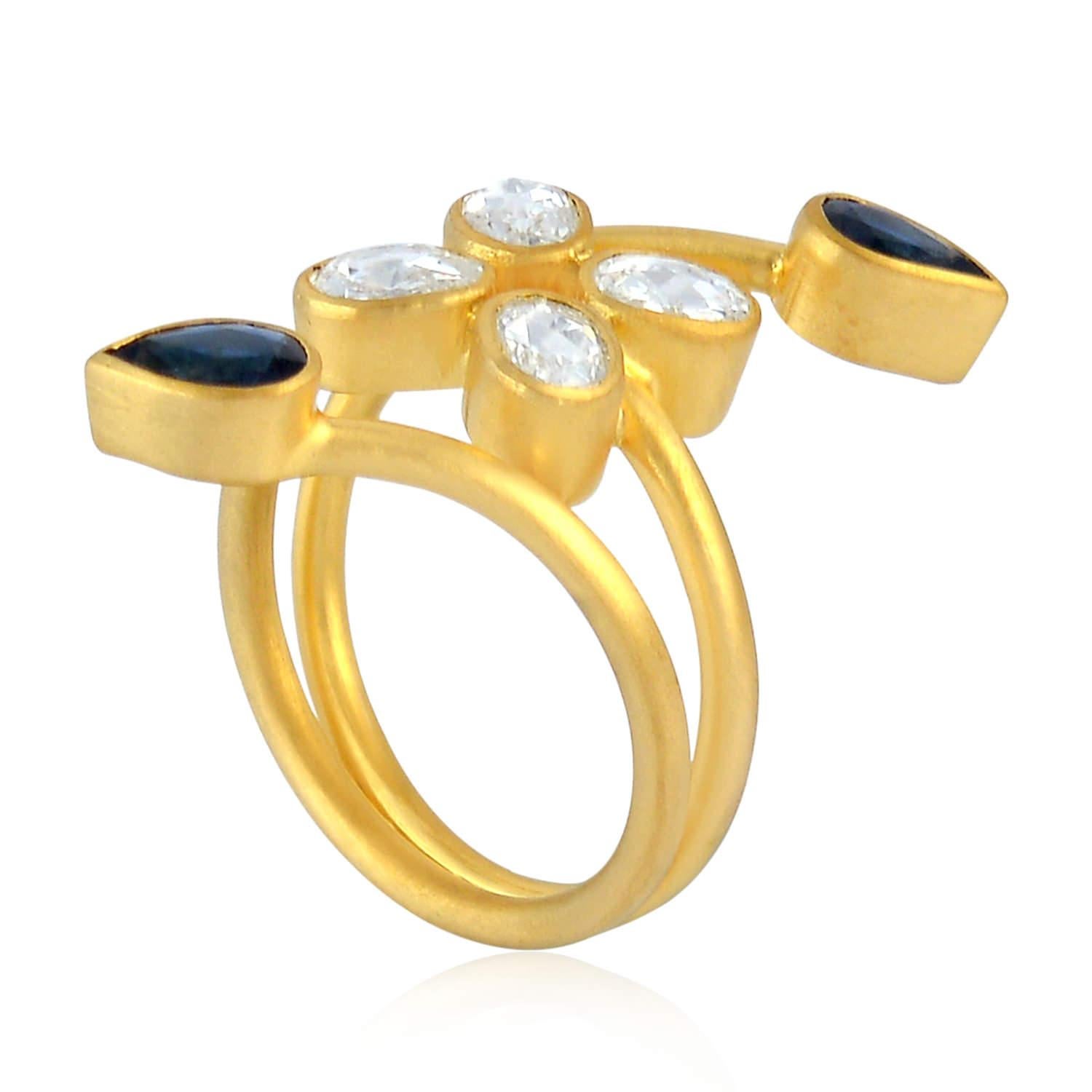 Mixed Cut 18k Yellow Gold Ring With Rose Cut Diamonds & Blue Sapphire For Sale