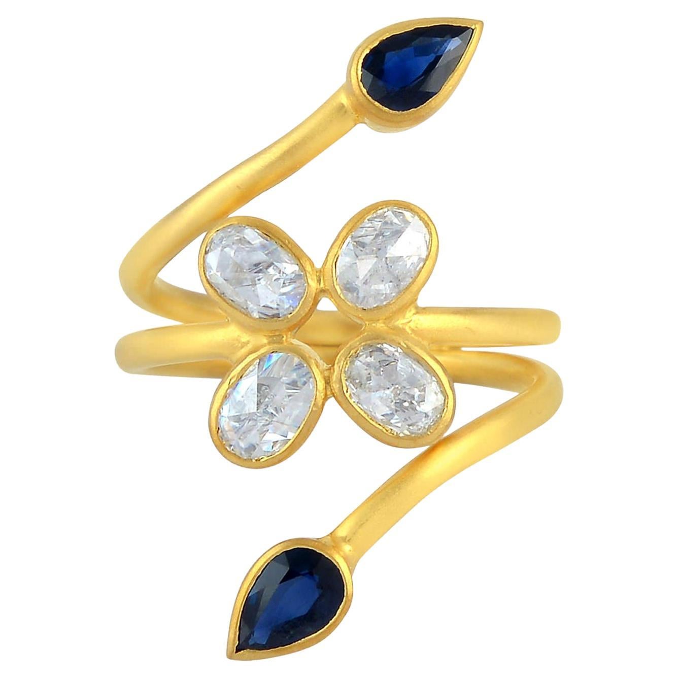 18k Yellow Gold Ring With Rose Cut Diamonds & Blue Sapphire For Sale