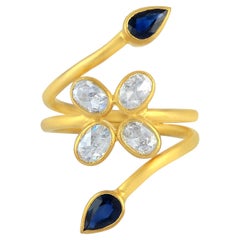 18k Yellow Gold Ring With Rose Cut Diamonds & Blue Sapphire