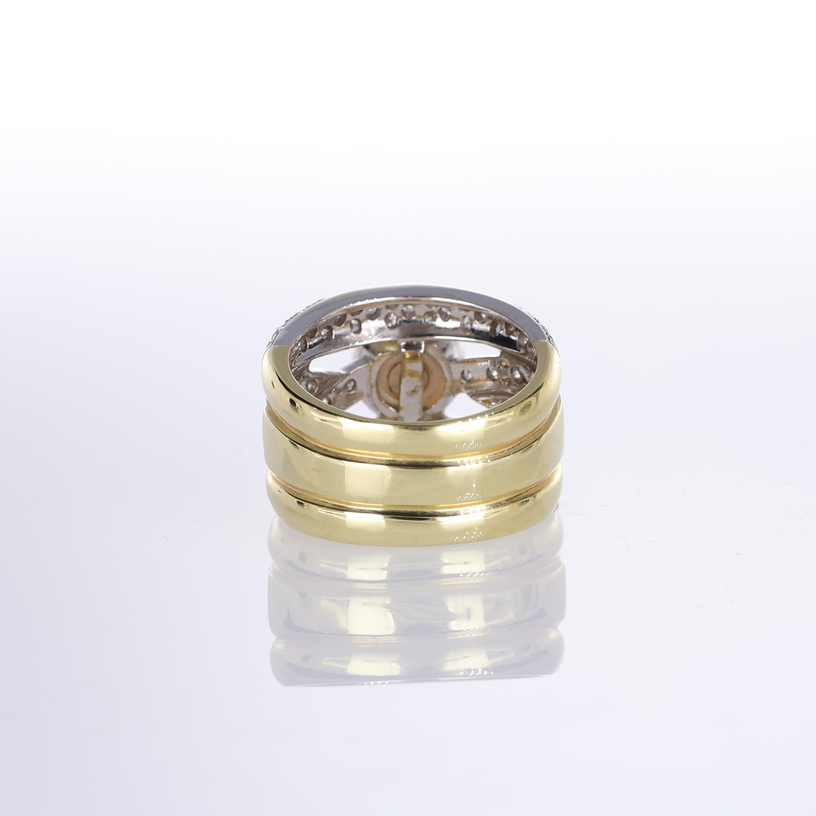 18k Yellow Gold Ring with Central Pearl and Pavé Diamond Weave For Sale 1