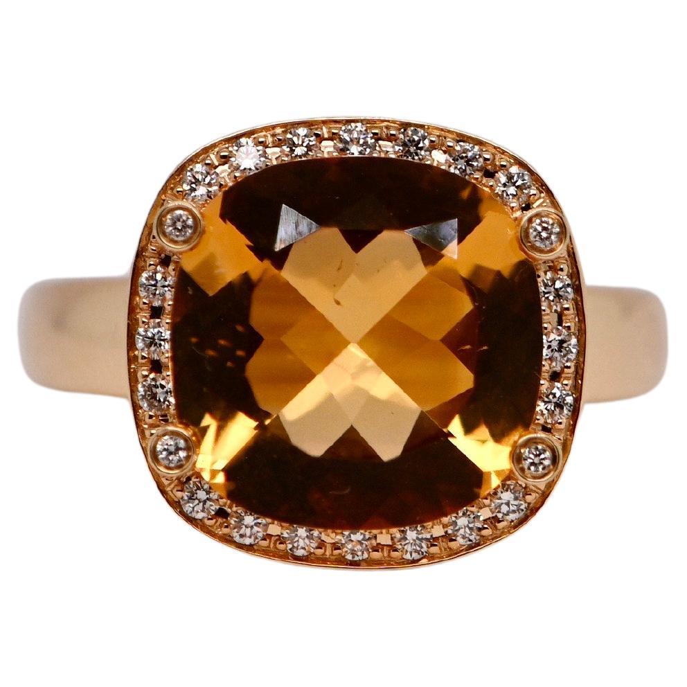 18K Yellow Gold Ring with Cushion-Cut Citrine and Brilliant-Cut Diamonds