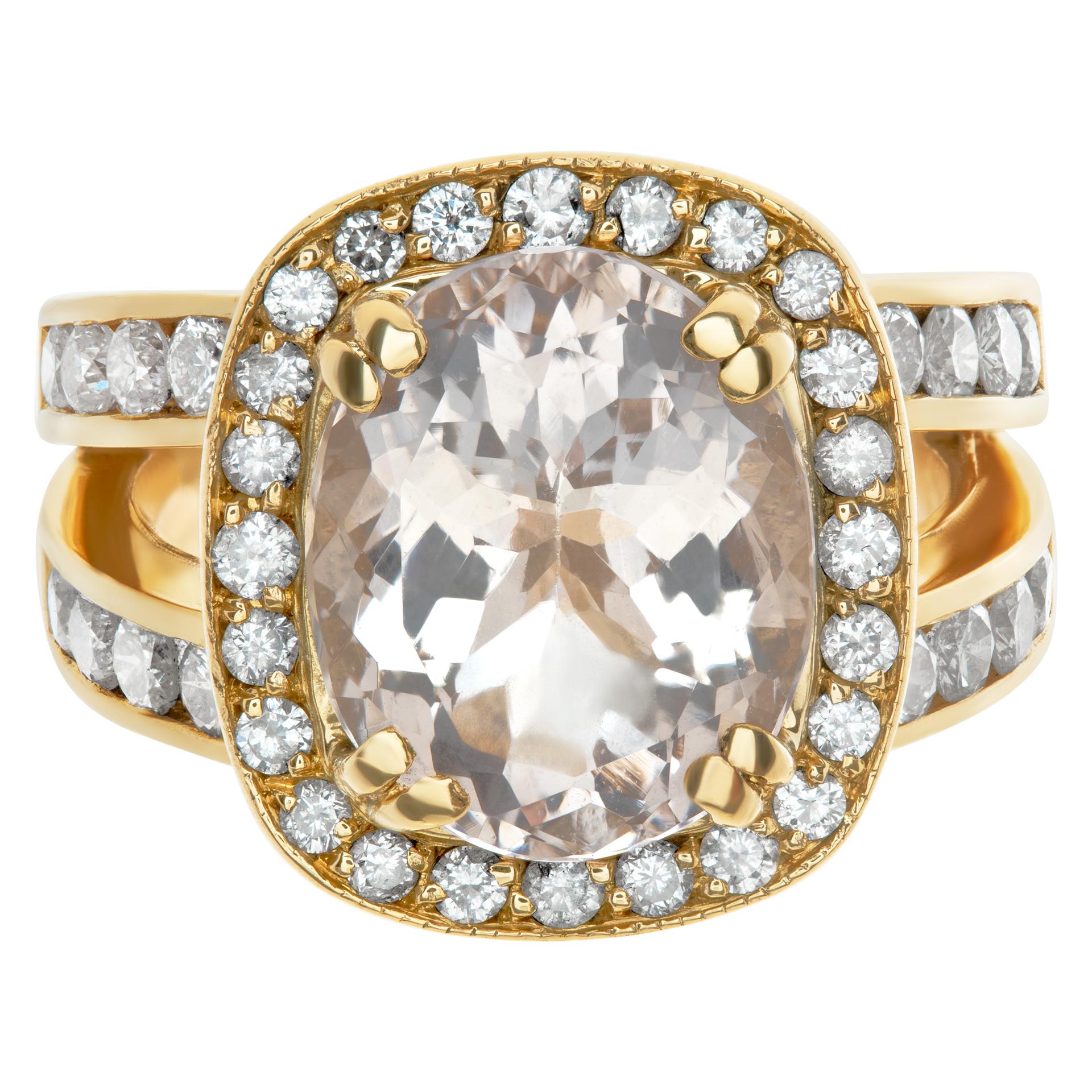 Morganite and diamond ring in 18k yellow gold. Brilliant cushion cut morganite (over 5.30 carats). Round brilliant cut diamond total approx. weight: 1.10 carat, estimate: G-H color, VS clarity. 15 x15mm. Size 6This Tourmaline ring is currently size