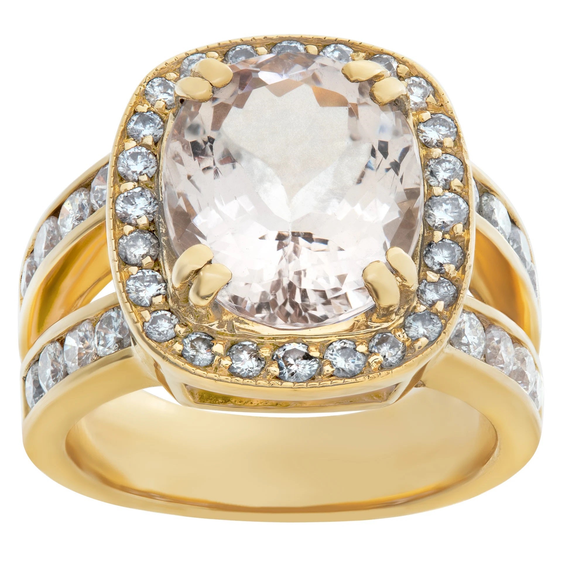18k Yellow Gold Ring with Cushion Cut Morganite Stone 'over 5.30 Carats' For Sale