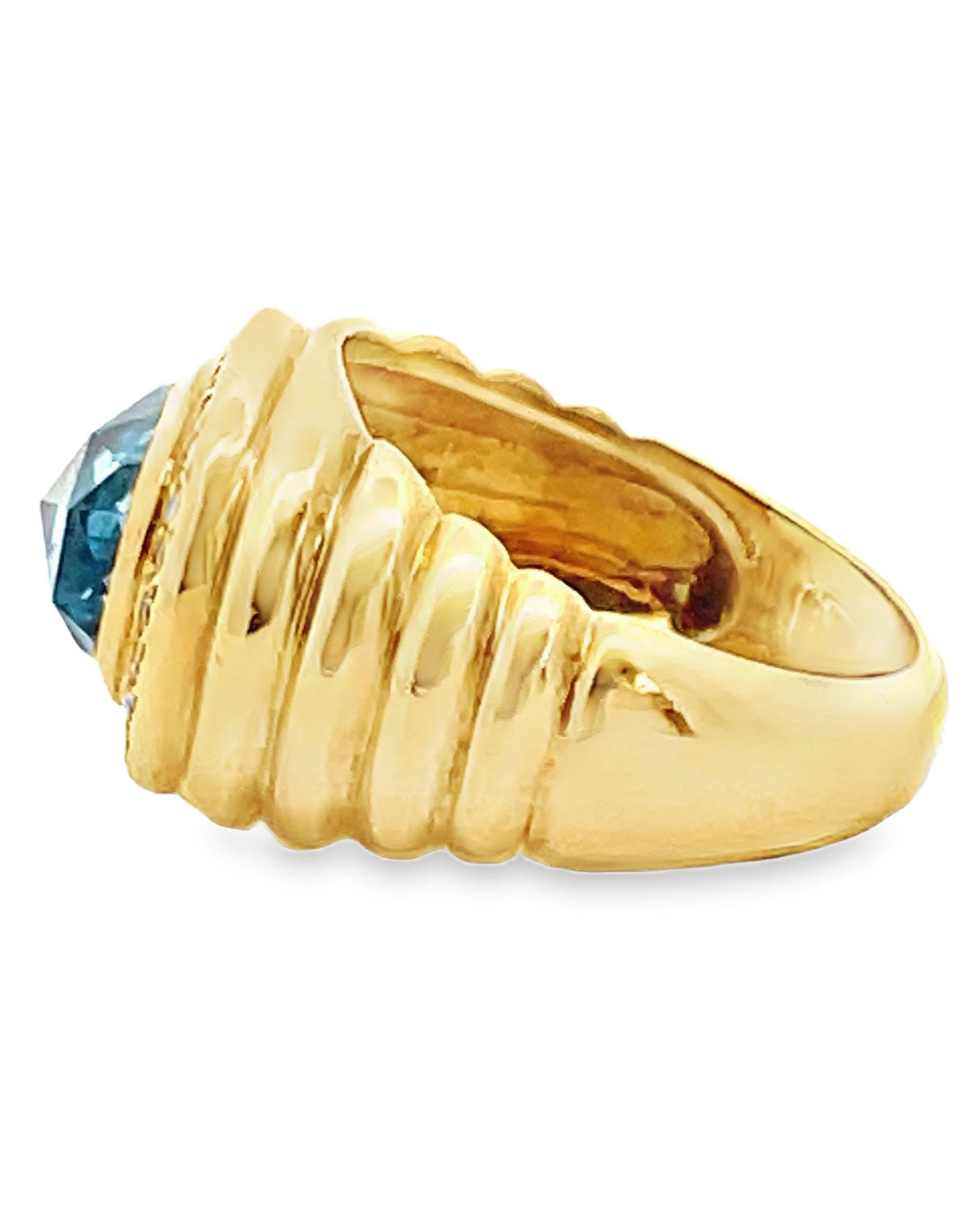 Contemporary 18K Yellow Gold Ring with Diamonds & Center Blue Topaz For Sale