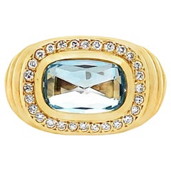 18K Yellow Gold Ring with Diamonds & Center Blue Topaz