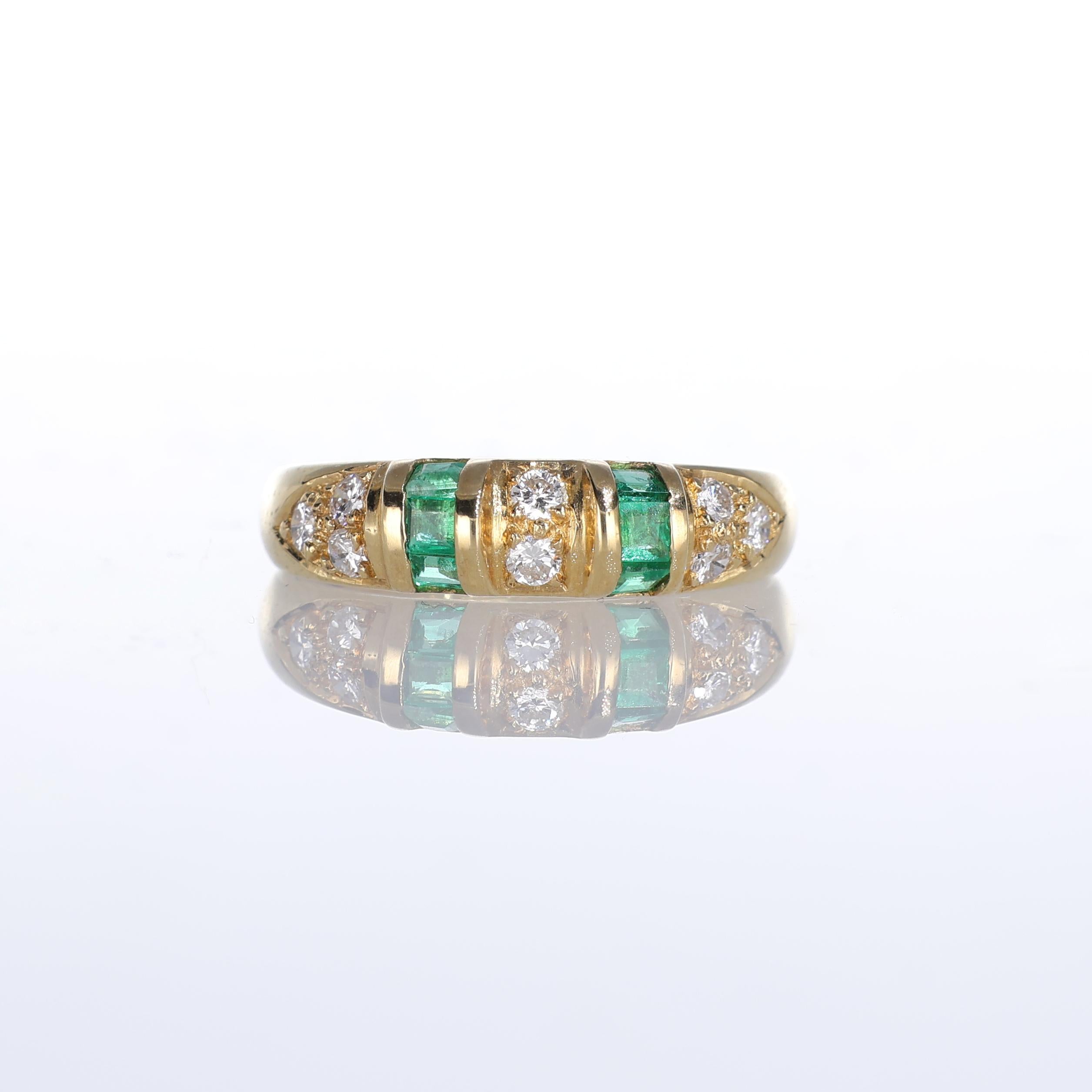IMPORTANT NOTE:
✔ No additional costs will be added to this order.
✔ Shipping and customs duties are fully covered by us.
--------------------
A refined 18k yellow gold ring featuring two rows of vivid emerald baguettes, totaling 0.30 carats,