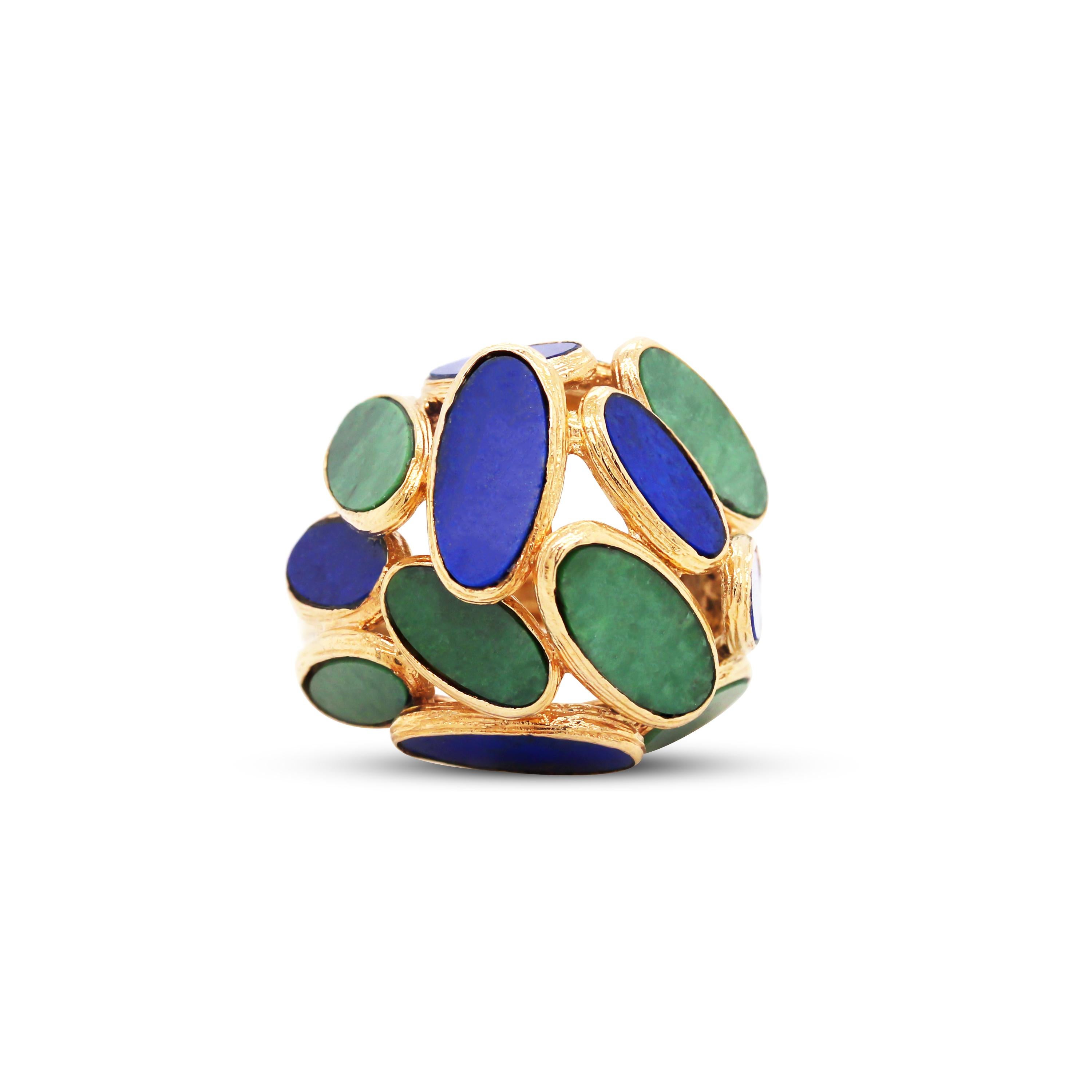 Oval Cut 18 Karat Yellow Gold Ring with Jade and Lapis Lazuli