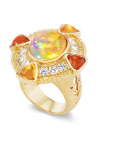 Bague en or jaune 18 carats avec opale de gelée, opale de feu et diamants par Paula Crevoshay