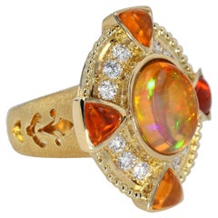 18K Yellow Gold Ring with Jelly Opal, Fire Opal, and Diamonds by Paula Crevoshay