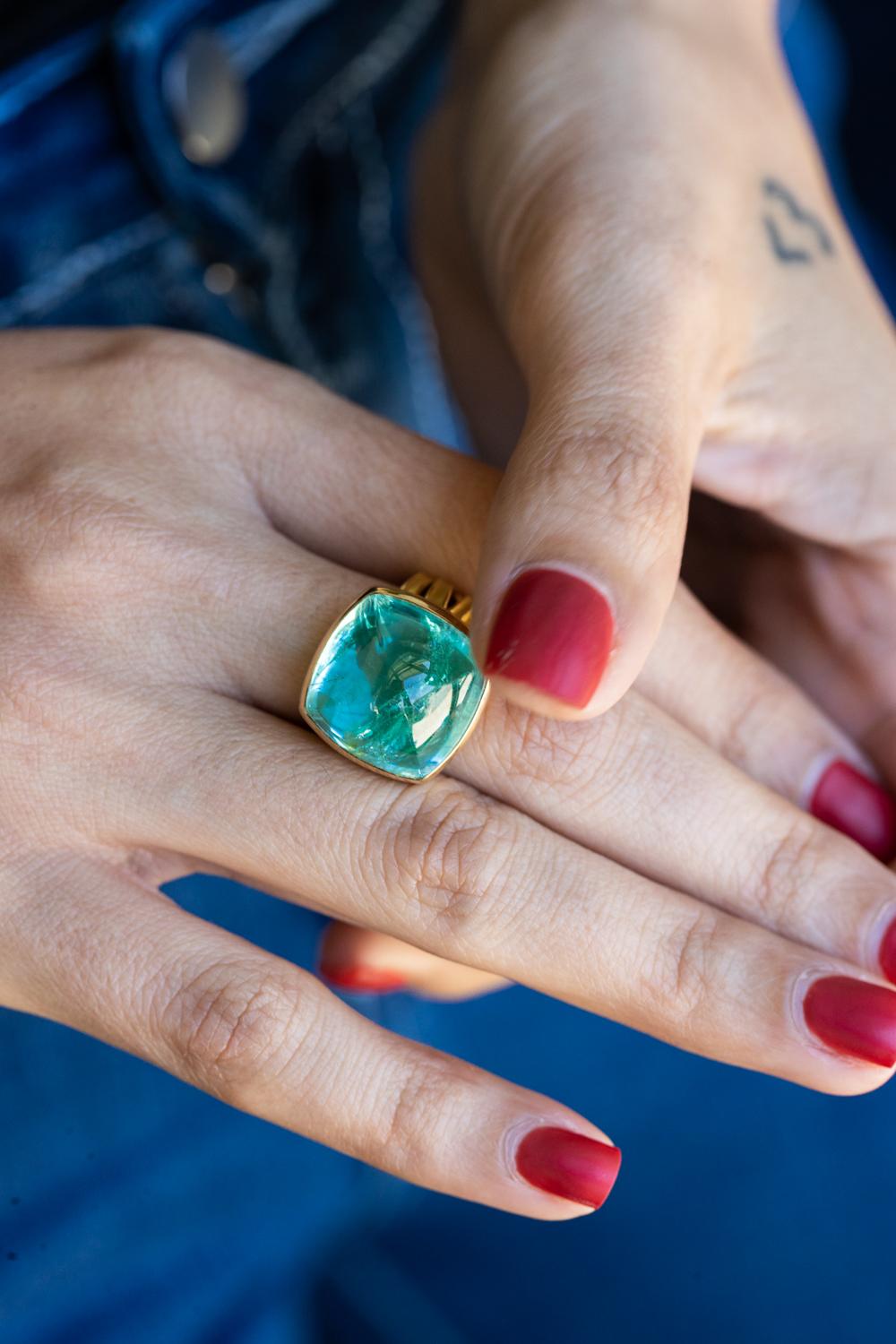 Cabochon 18K Yellow Gold Ring with Mozambique Paraiba Tourmaline by Barbara Heinrich For Sale