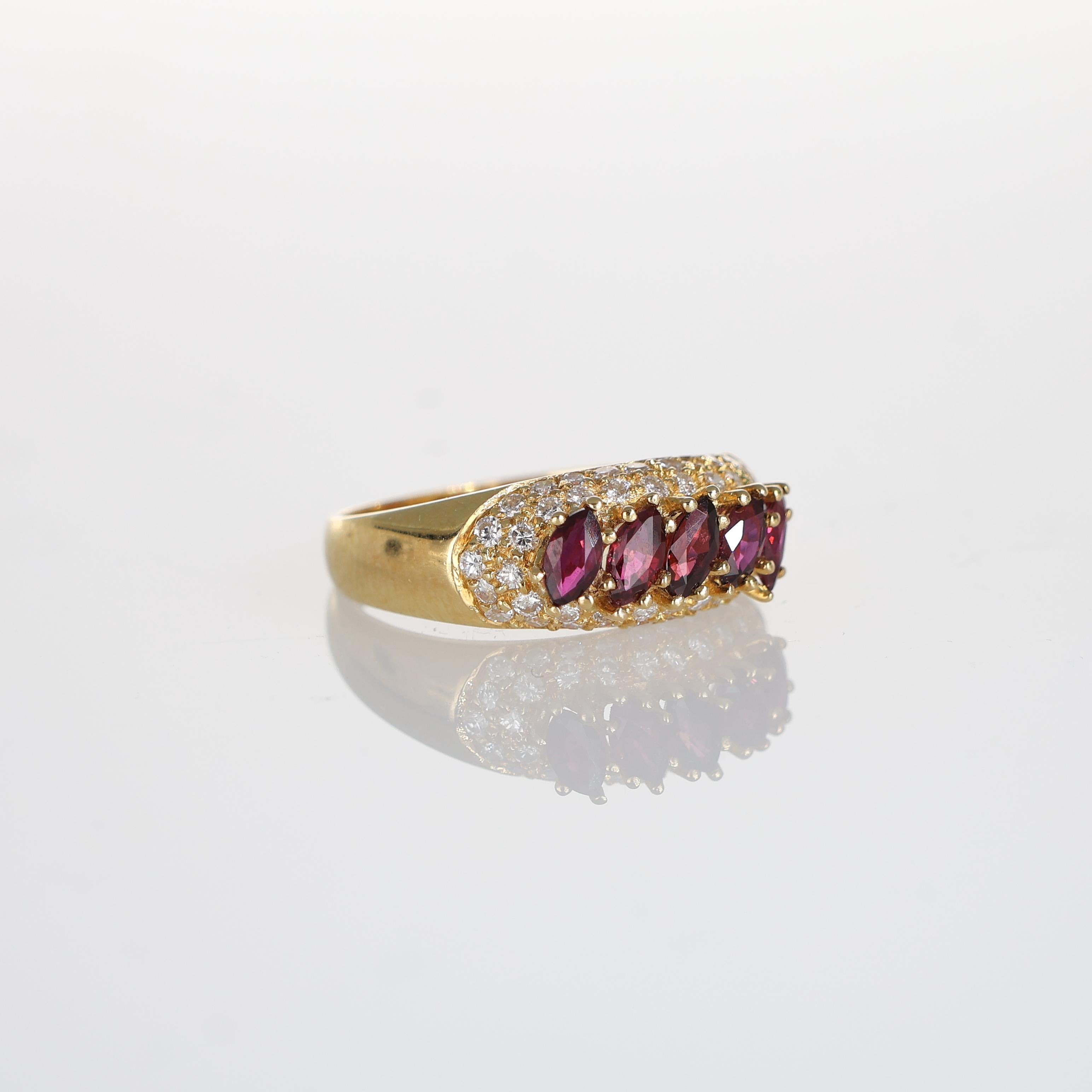 Brilliant Cut 18k Yellow Gold Ring with Navette-Cut Rubies and Diamonds For Sale