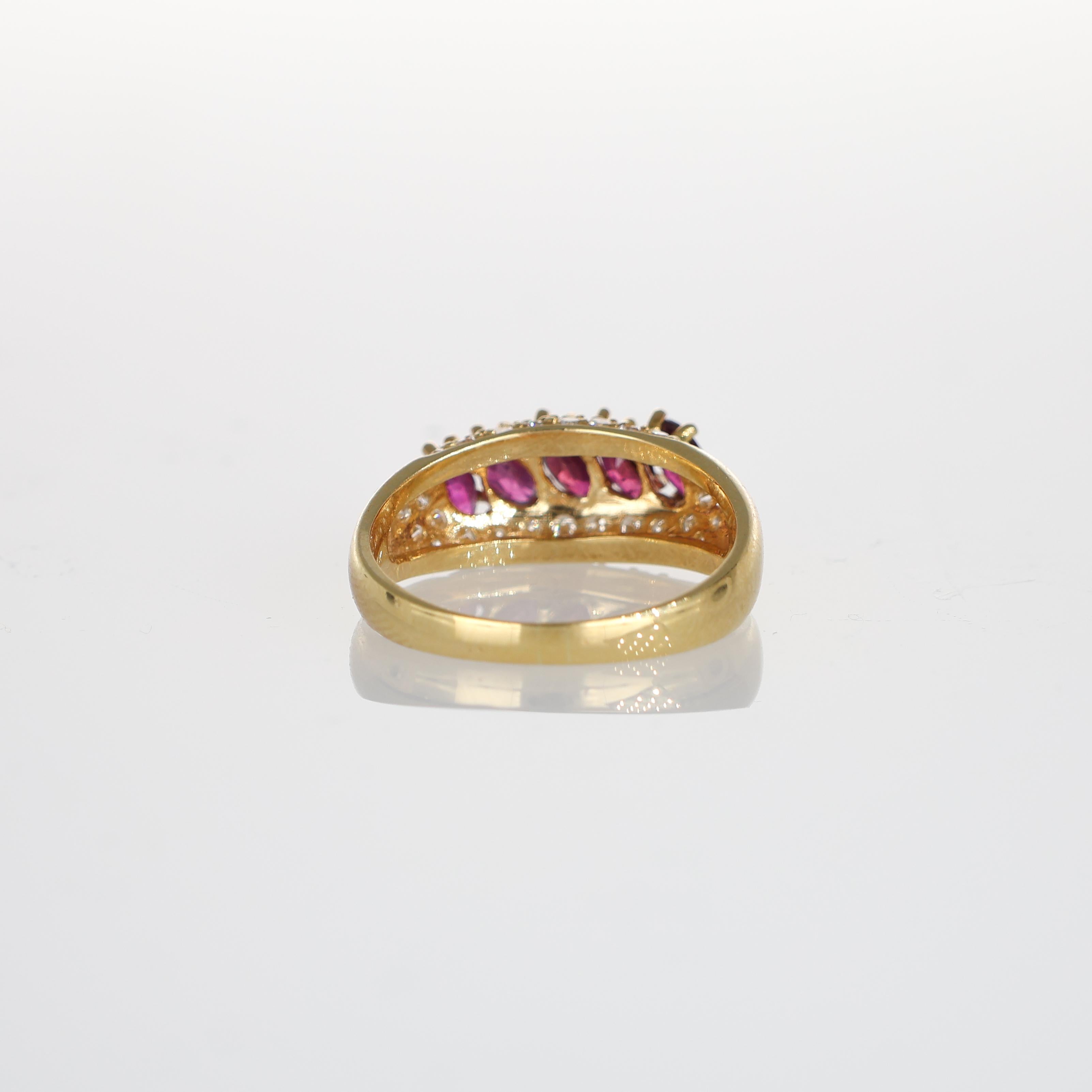 Women's or Men's 18k Yellow Gold Ring with Navette-Cut Rubies and Diamonds For Sale