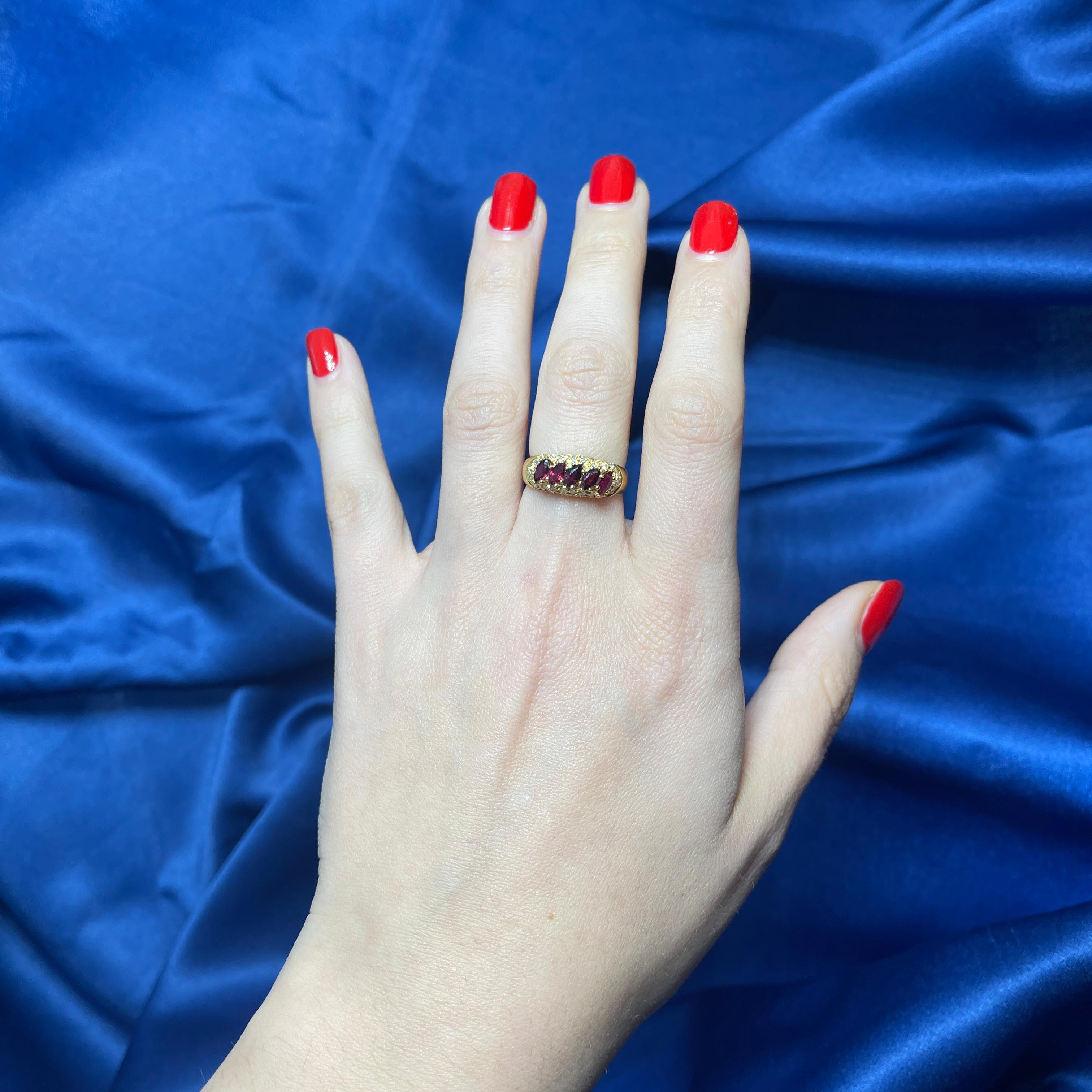 18k Yellow Gold Ring with Navette-Cut Rubies and Diamonds For Sale 1