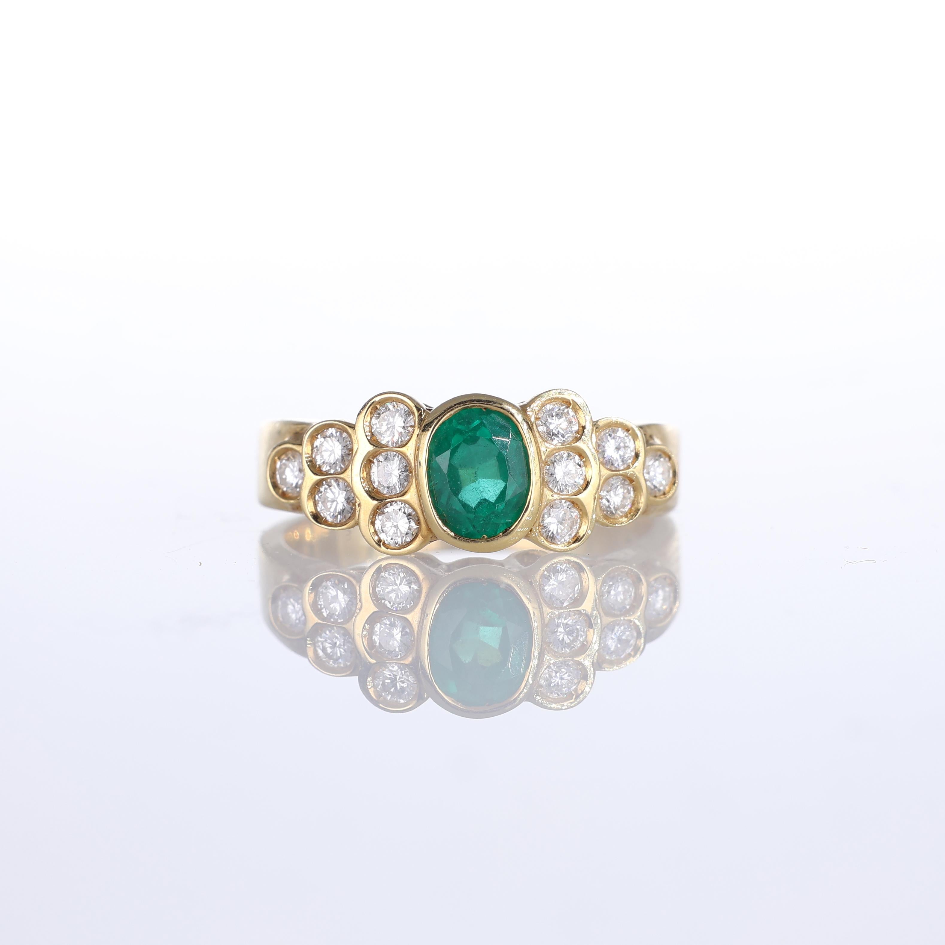 IMPORTANT NOTE:
✔ No additional costs will be added to this order.
✔ Shipping and customs duties are fully covered by us.
--------------------
An elegant 18k yellow gold ring featuring a vivid oval-cut emerald weighing 0.77 carats at its center,