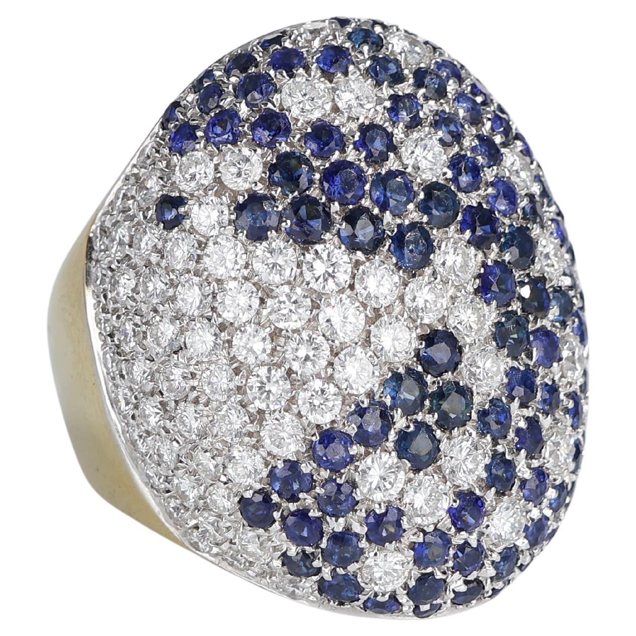 18k Gelbgold Ring mit Pavé Diamanten 2,43 ct und blauen Saphiren 8,55 ct im Angebot