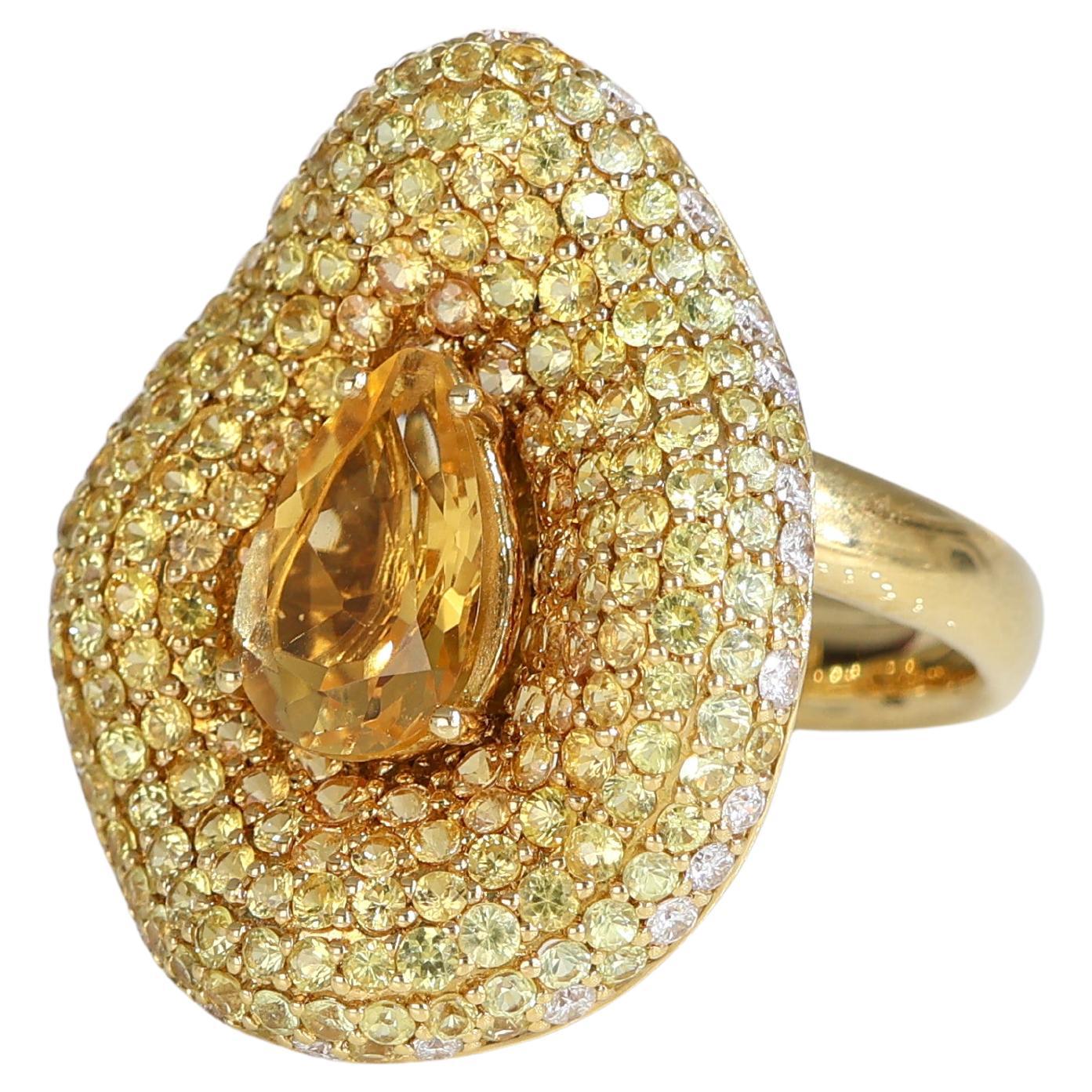 18k Yellow Gold Ring with Pear-Cut Citrine, Natural Sapphires, and White Diamond