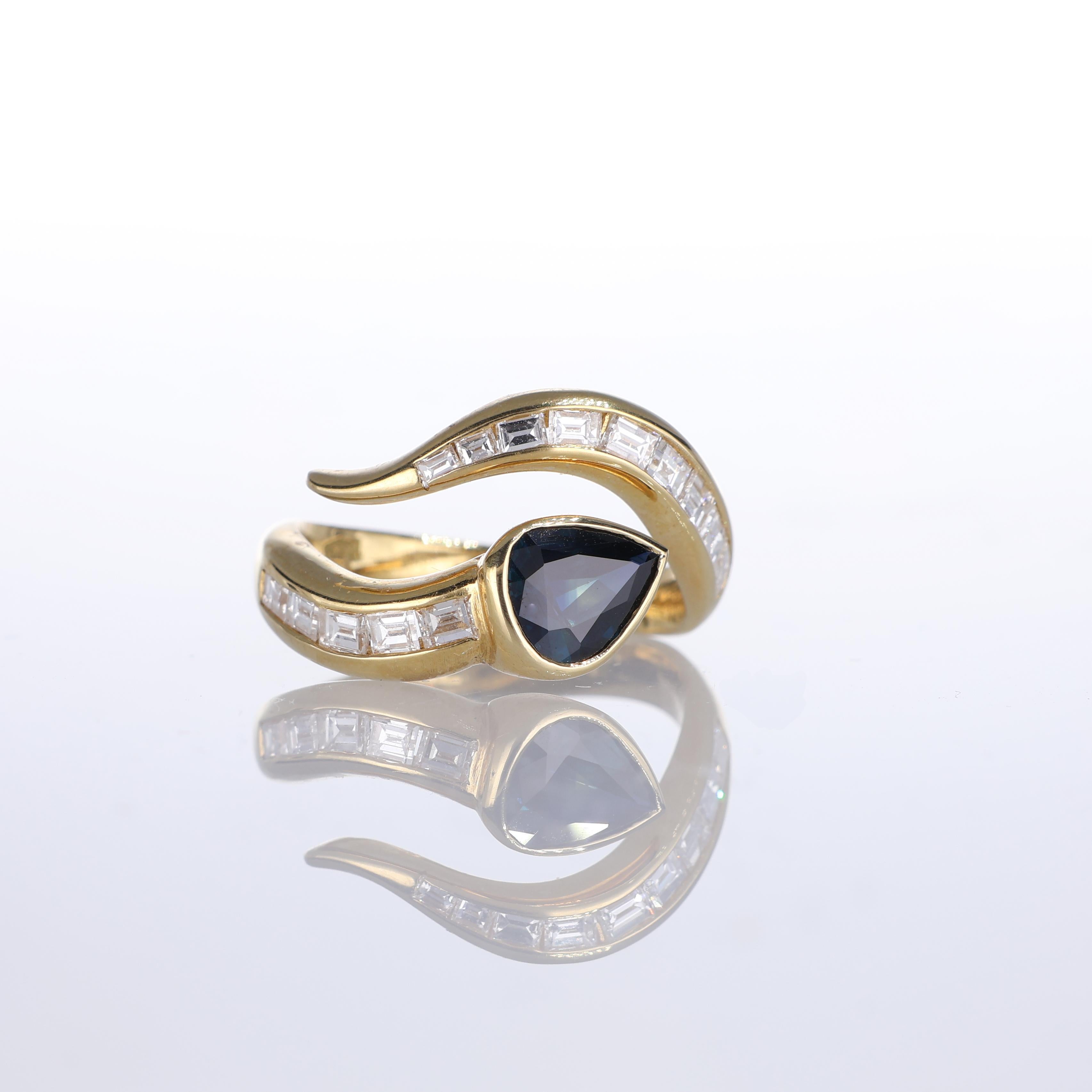 IMPORTANT NOTE:
✔ No additional costs will be added to this order.
✔ Shipping and customs duties are fully covered by us.
--------------------
A sleek and modern 18k yellow gold ring featuring a striking 0.45-carat pear-cut sapphire as its