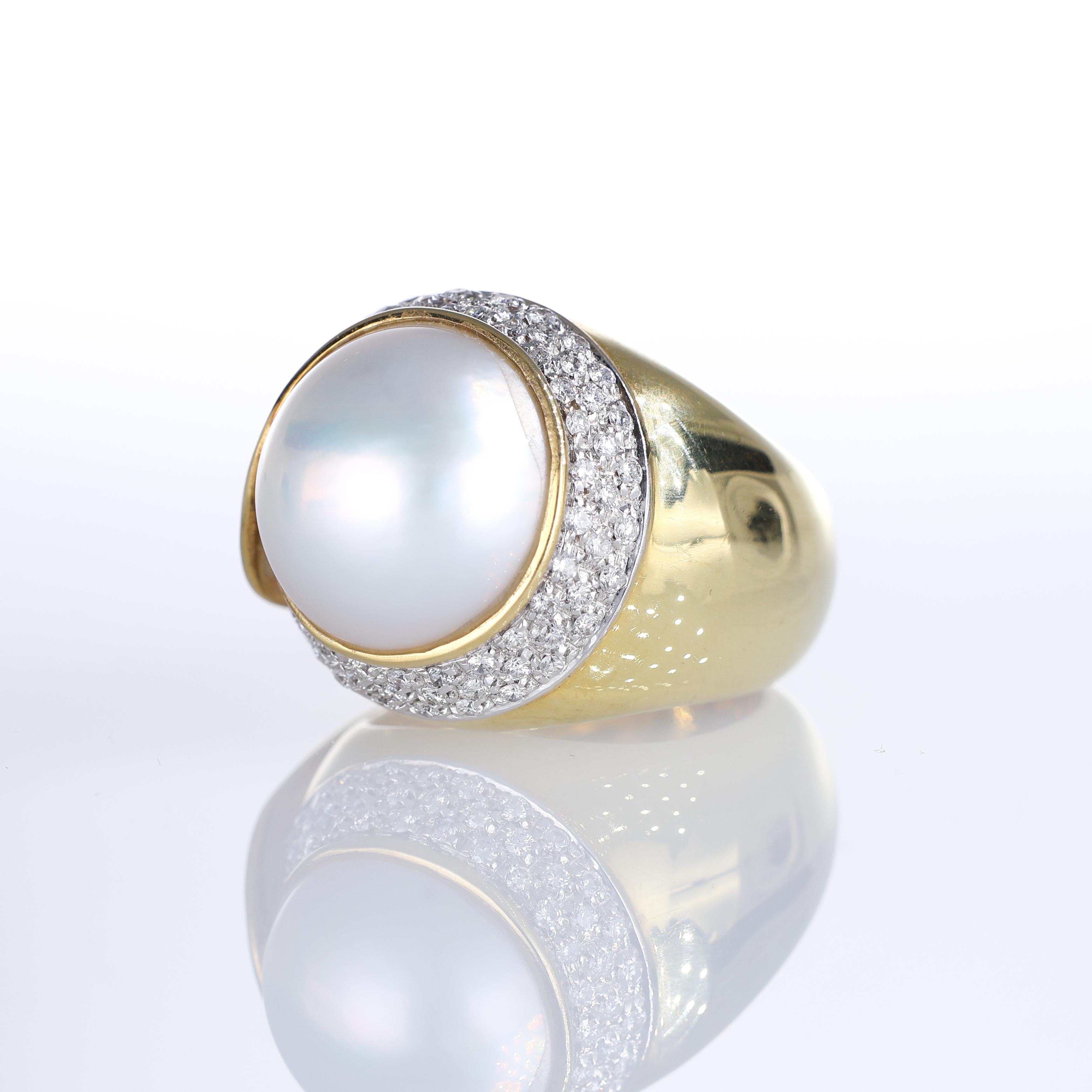 Brilliant Cut 18K Yellow Gold Ring with Pearl and Diamond Pavé For Sale