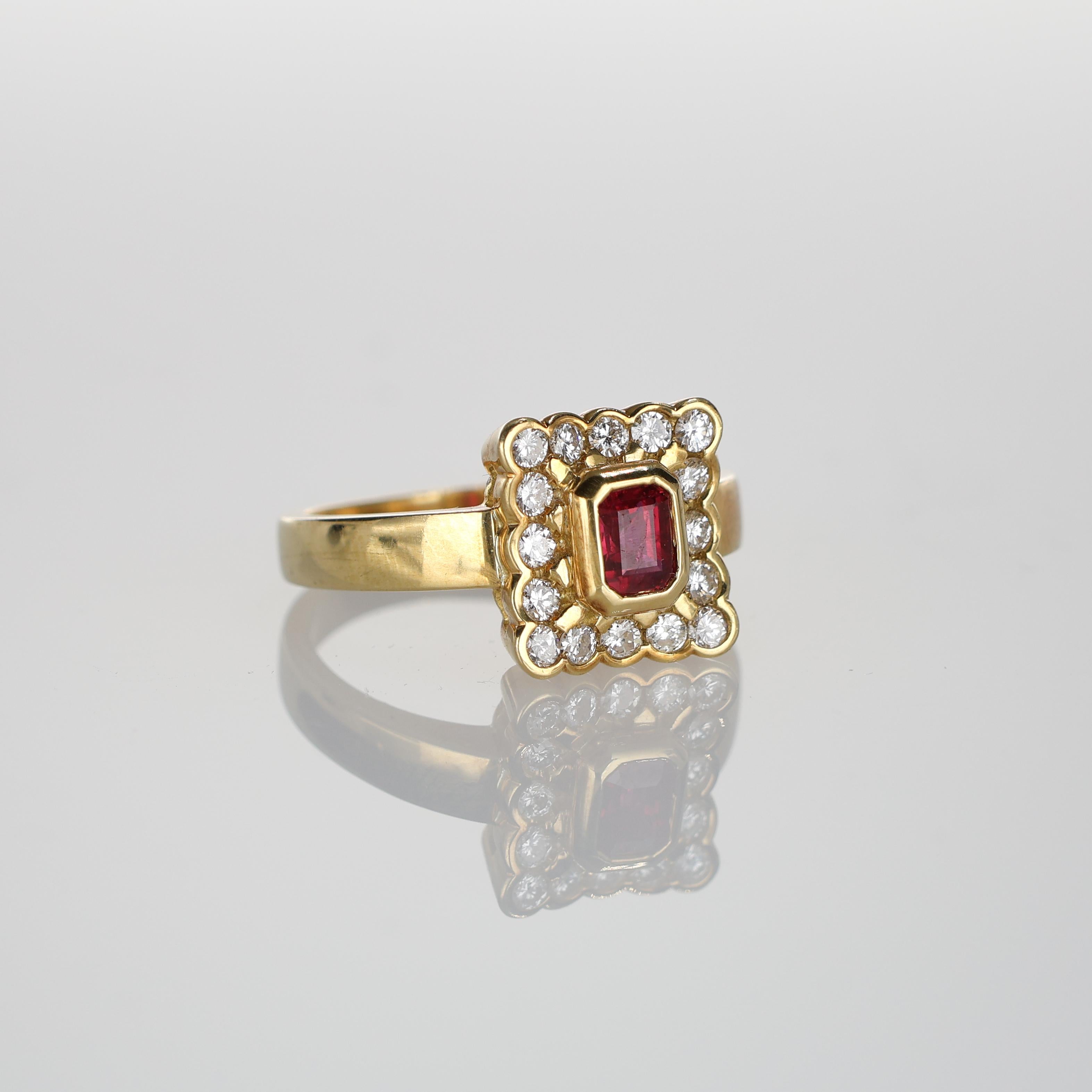 Emerald Cut 18k Yellow Gold Ring with Rectangular-Cut Ruby and Natural Diamond Halo For Sale