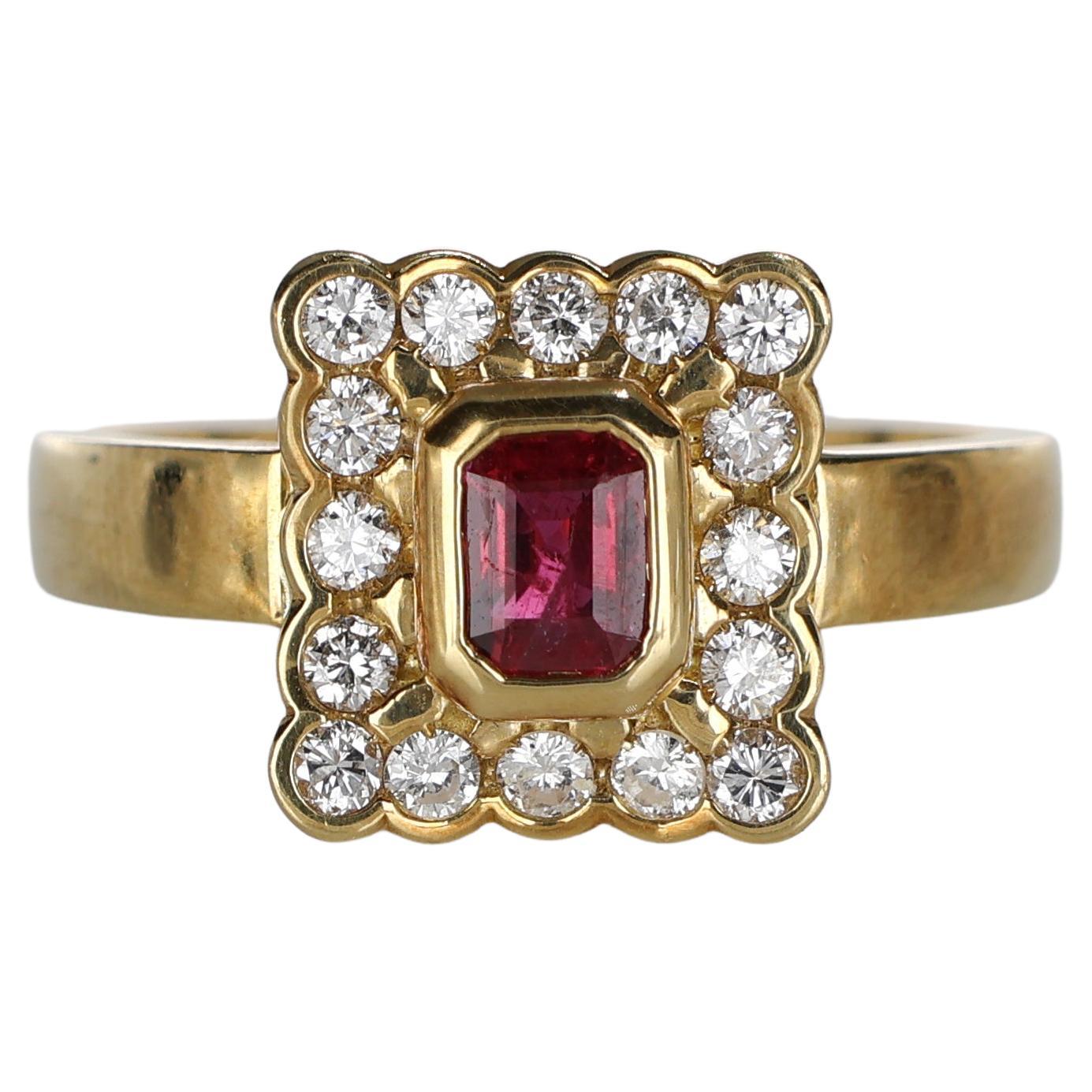 18k Yellow Gold Ring with Rectangular-Cut Ruby and Natural Diamond Halo For Sale