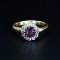 18k Yellow Gold Ring with Rhodolite Garnet Center and Diamond Halo - Size 6.75