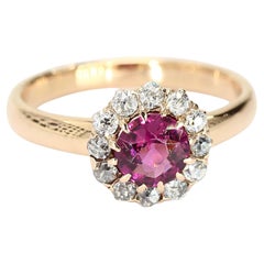 18k Yellow Gold Ring with Rhodolite Garnet Center and Diamond Halo - Size 6.75