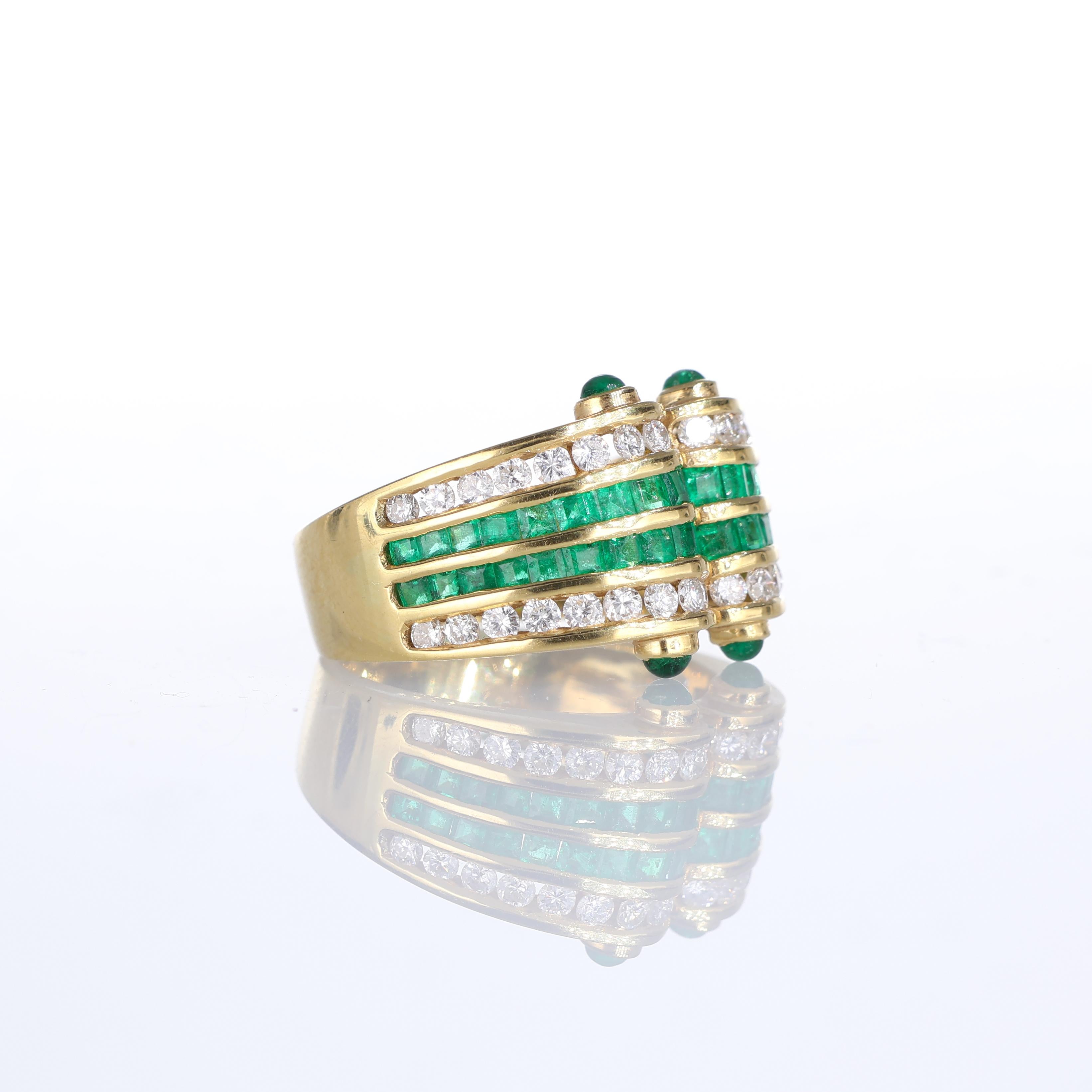 Brilliant Cut 18k Yellow Gold Ring with Rows of Diamonds and Emeralds For Sale