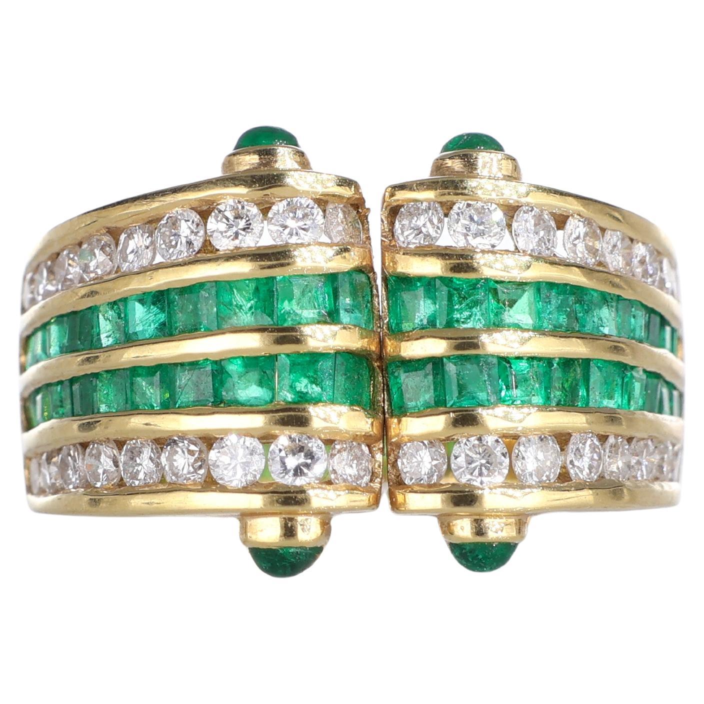 18k Yellow Gold Ring with Rows of Diamonds and Emeralds