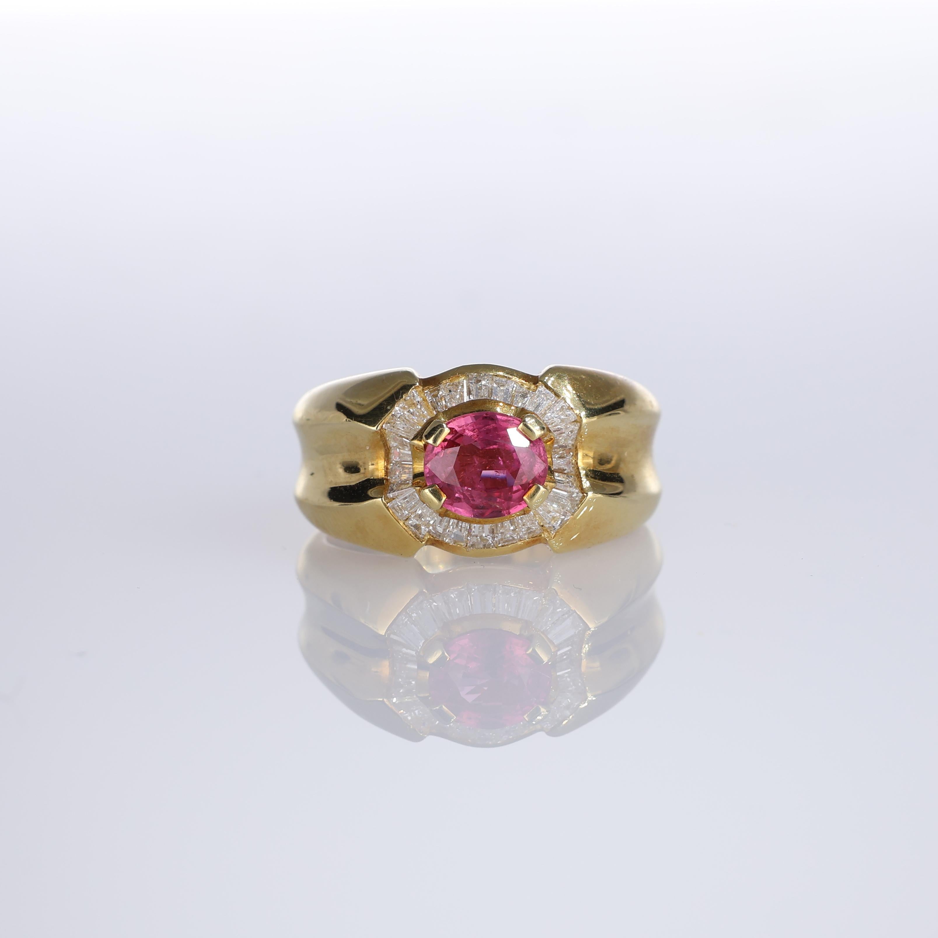 IMPORTANT NOTE:
✔ No additional costs will be added to this order.
✔ Shipping and customs duties are fully covered by us.
--------------------
An exquisite 18K yellow gold ring featuring a vibrant oval-cut ruby weighing 1.06 carats, beautifully