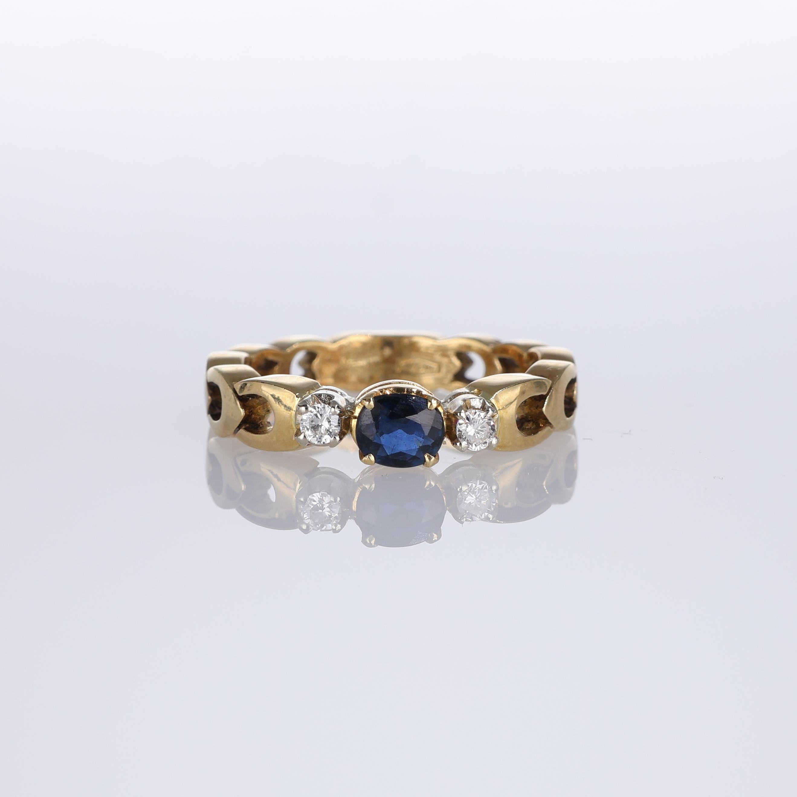 IMPORTANT NOTE:
✔ No additional costs will be added to this order.
✔ Shipping and customs duties are fully covered by us.
--------------------
An elegant 18K yellow gold band featuring a central sapphire weighing 0.20 carats, flanked by two