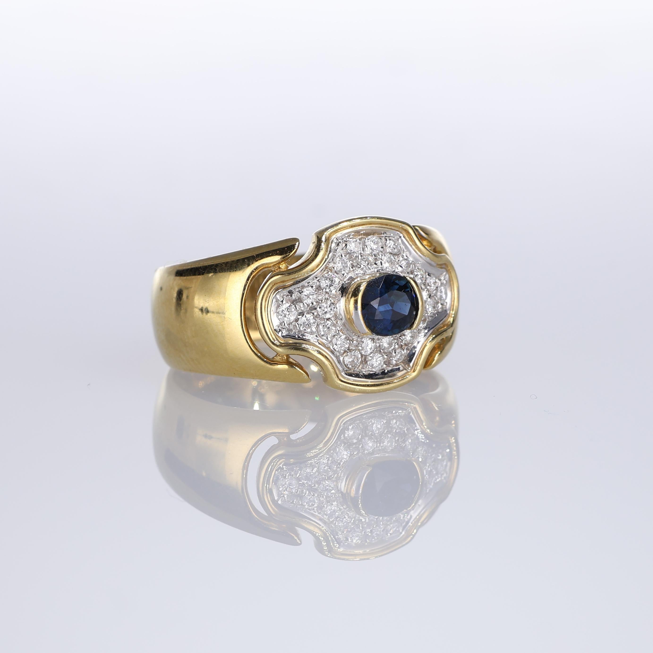 Taille brillant Bague en or jaune 18 carats avec saphir et diamants en vente