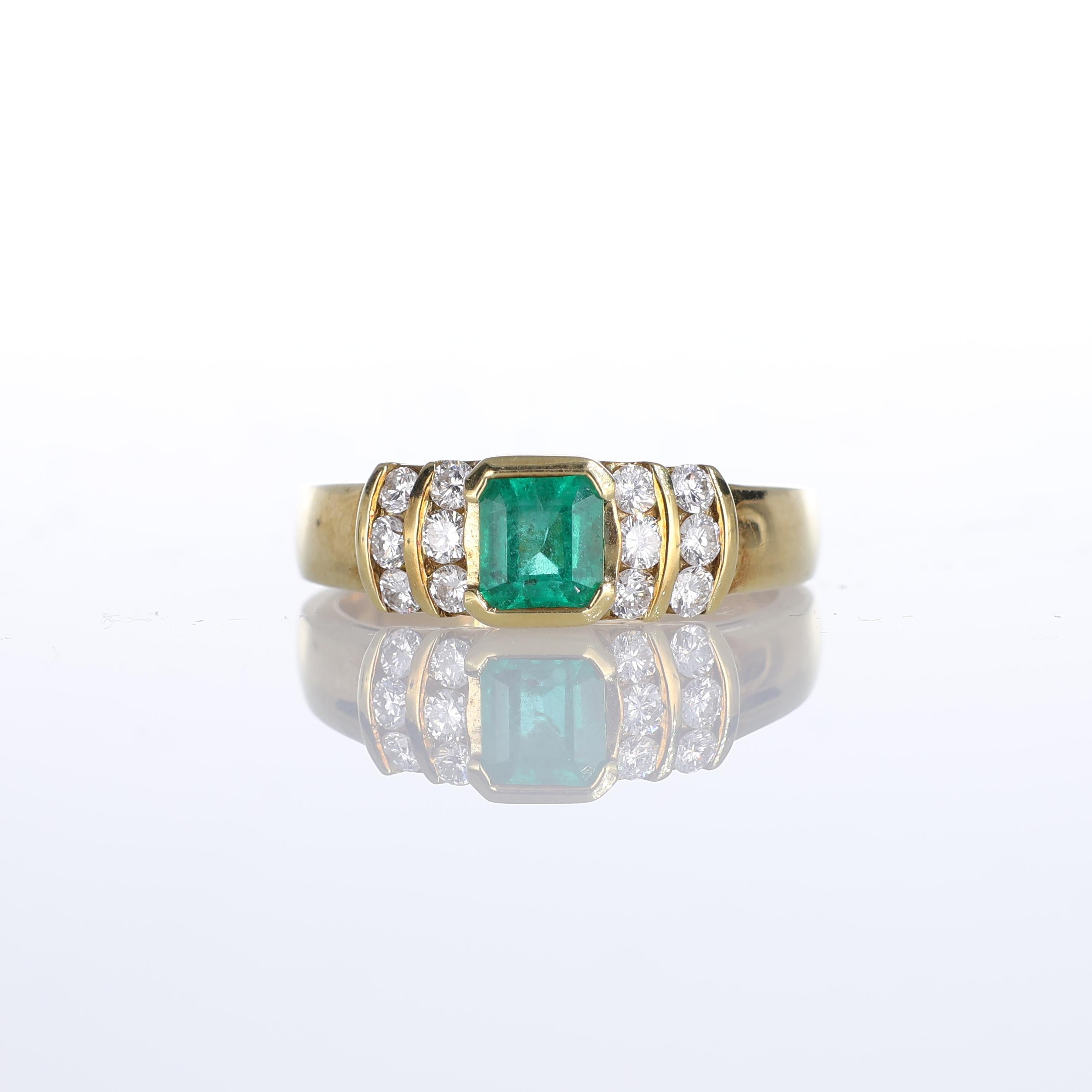 IMPORTANT NOTE:
✔ No additional costs will be added to this order.
✔ Shipping and customs duties are fully covered by us.
--------------------
A classic 18k yellow gold ring featuring a vibrant square-cut emerald at its center, flanked by rows of