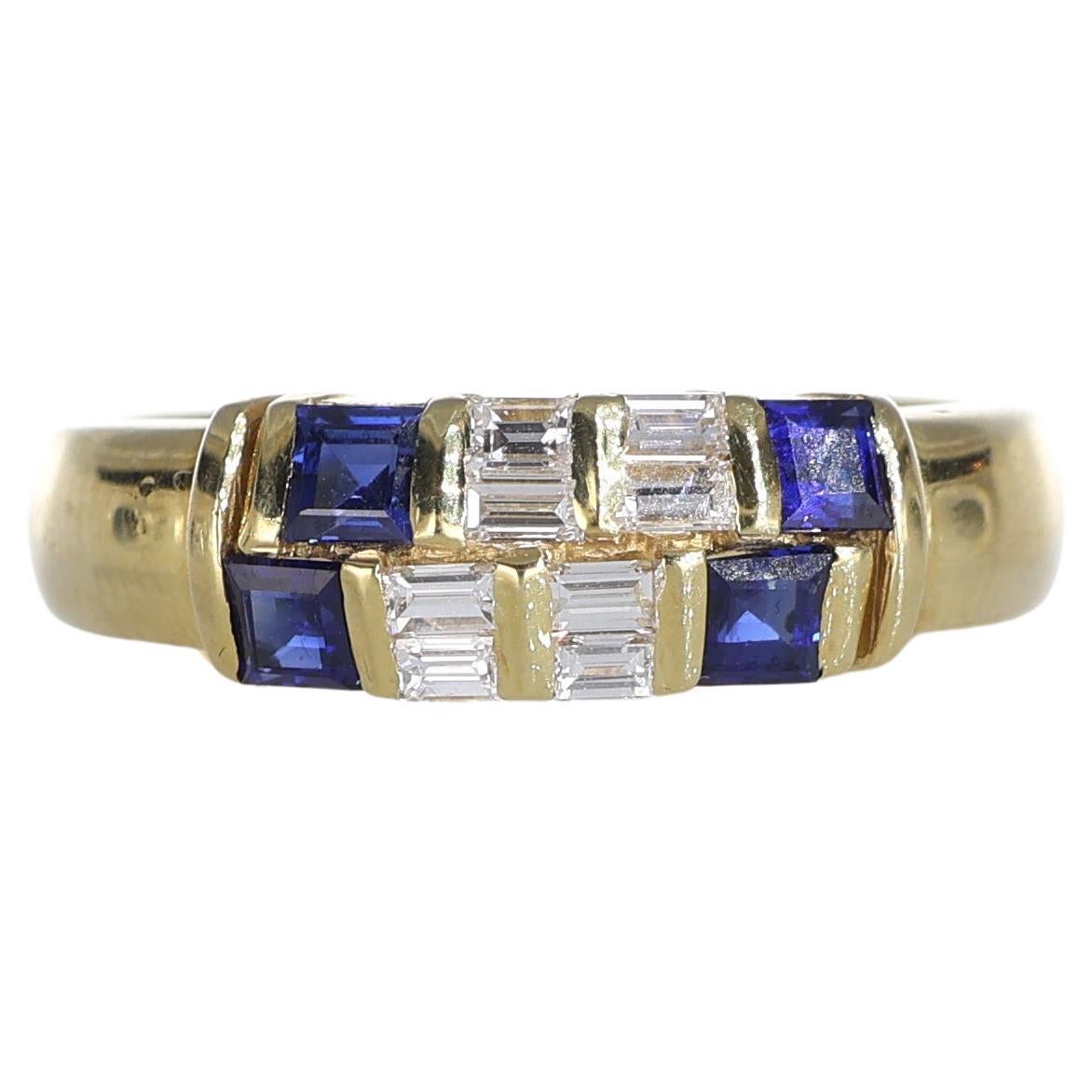 18k Yellow Gold Ring with Square-Cut Sapphires and Baguette Diamonds