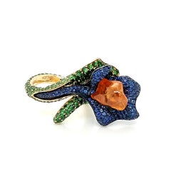 18K Yellow Gold Ring with Uncut Orange Garnet, Blue Sapphires and Tsavorites