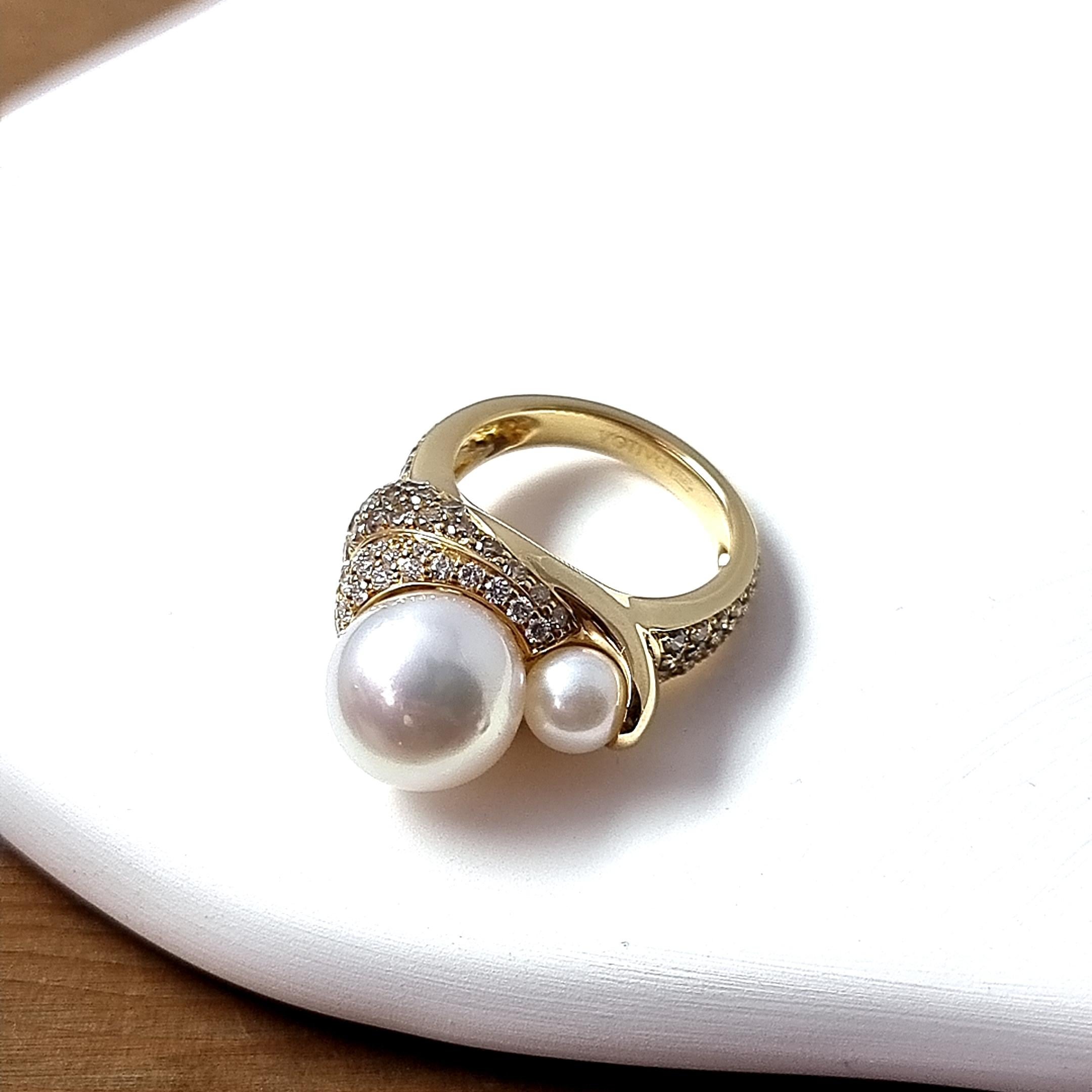 18K Yellow Gold Ring with White and Brown Diamonds, and South Sea Pearl For Sale 1