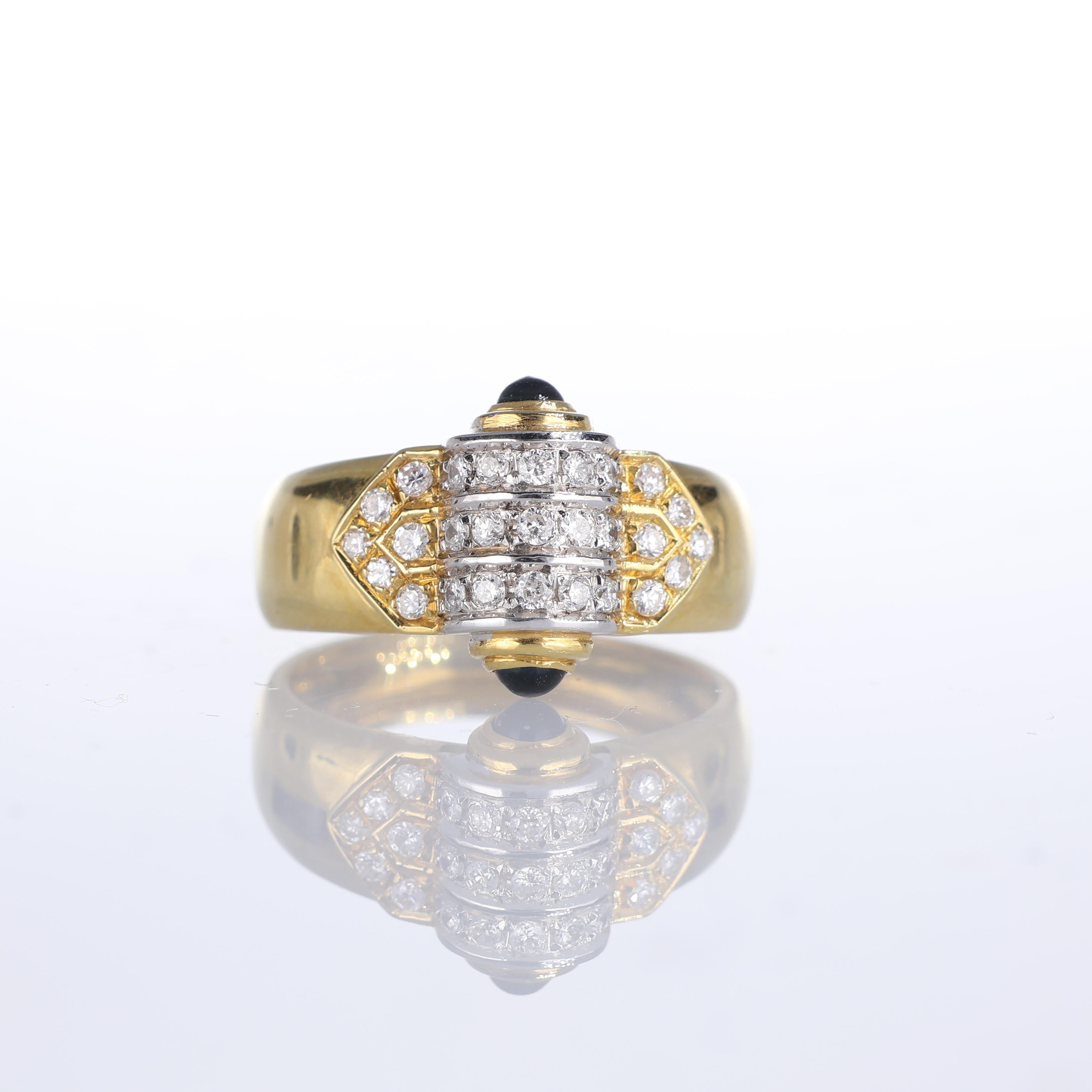 IMPORTANT NOTE:
✔ No additional costs will be added to this order.
✔ Shipping and customs duties are fully covered by us.
--------------------
A unique 18k yellow gold ring featuring a central white gold cylinder adorned with a sparkling pavé of