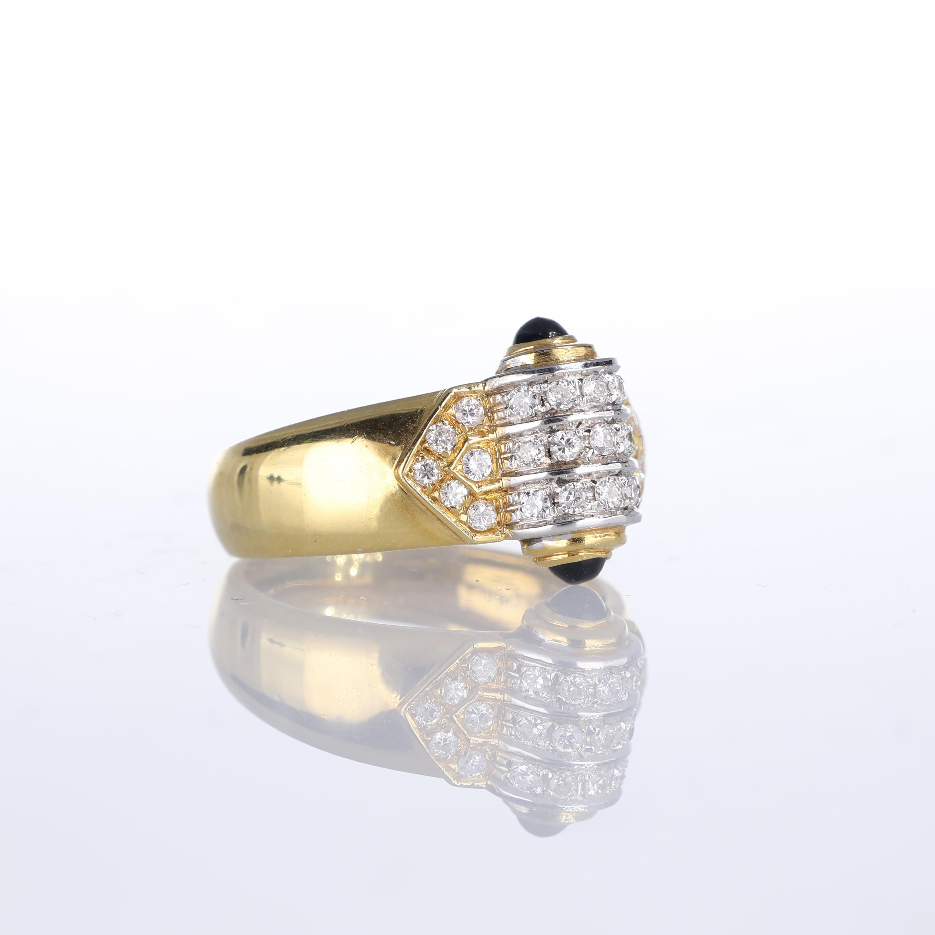 Brilliant Cut 18k Yellow Gold Ring with White Gold Cylinder, Diamonds, and Sapphires For Sale