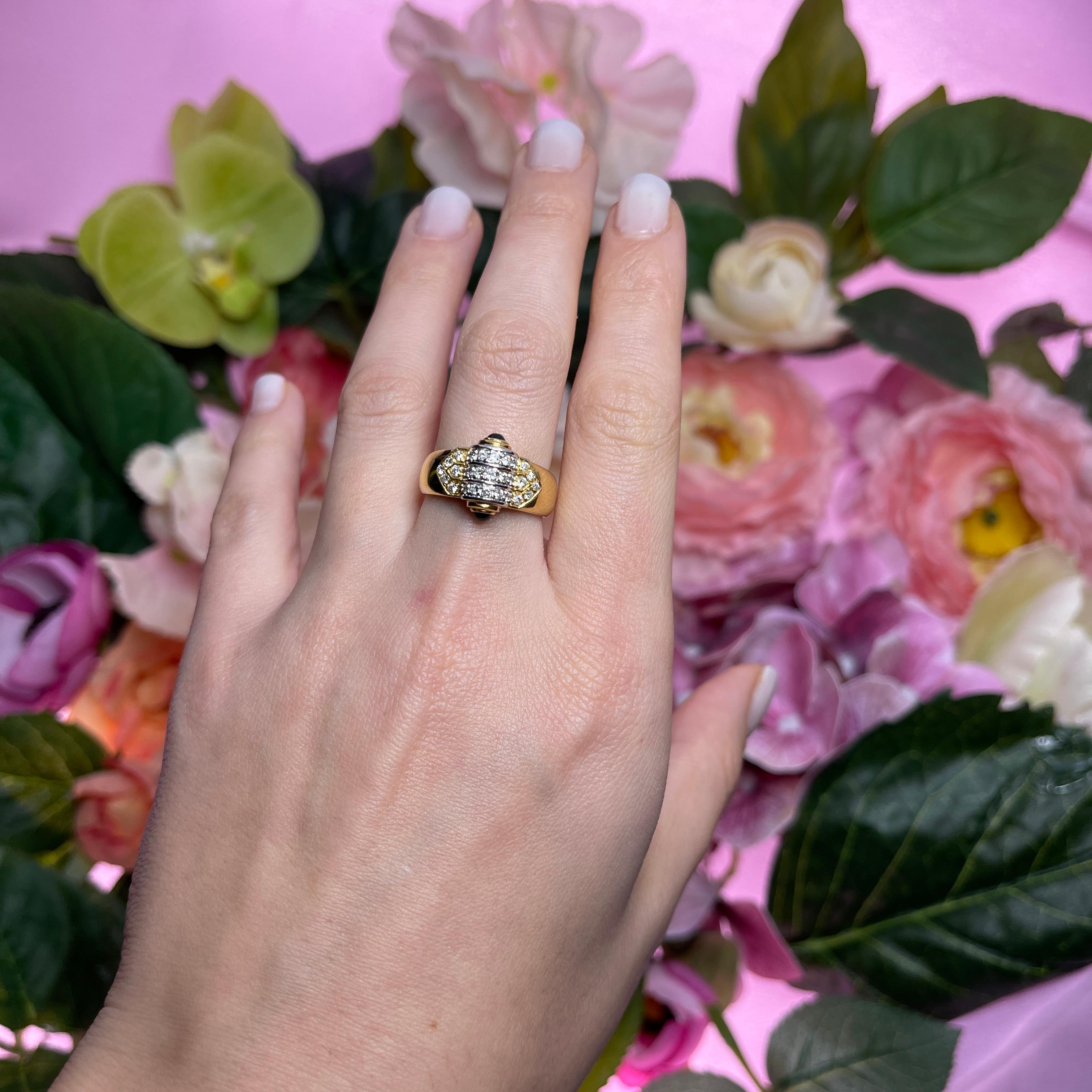 18k Yellow Gold Ring with White Gold Cylinder, Diamonds, and Sapphires For Sale 1