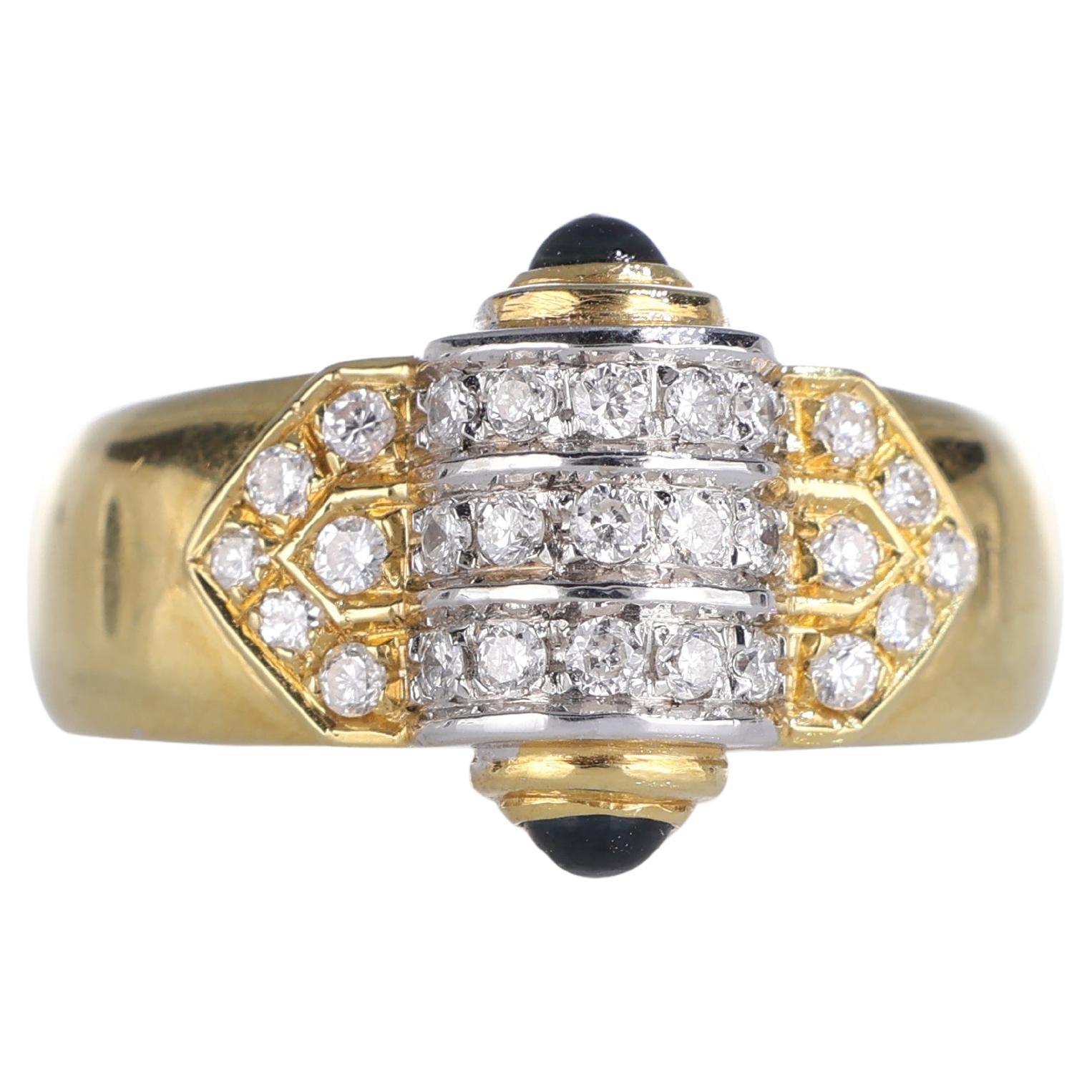 18k Yellow Gold Ring with White Gold Cylinder, Diamonds, and Sapphires For Sale