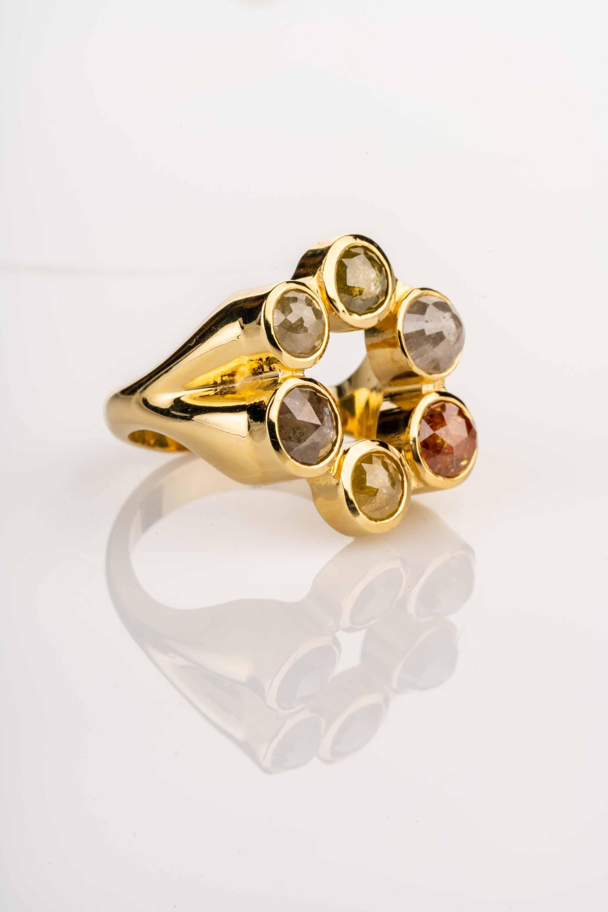 Contemporary 18 Karat Yellow Gold Ring with Yellow, Grey, and Red Rose Cut Diamonds