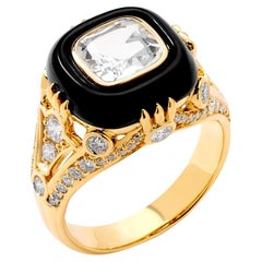 18K Yellow Gold Rock Crystal, Black Onyx and Diamond Ring