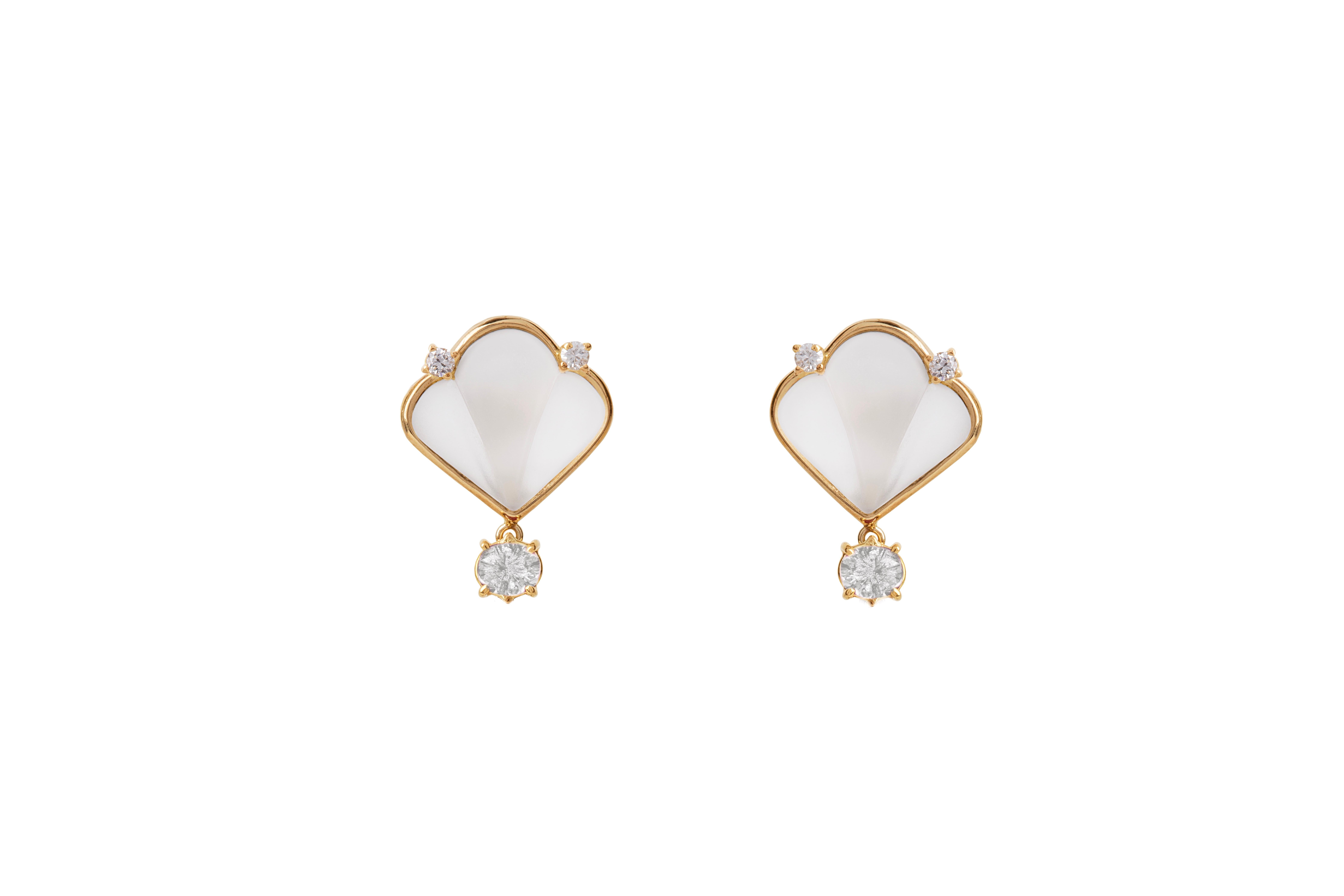 18K Yellow Gold Rock Crystal Diamond Stud Earrings In New Condition For Sale In Rome, IT