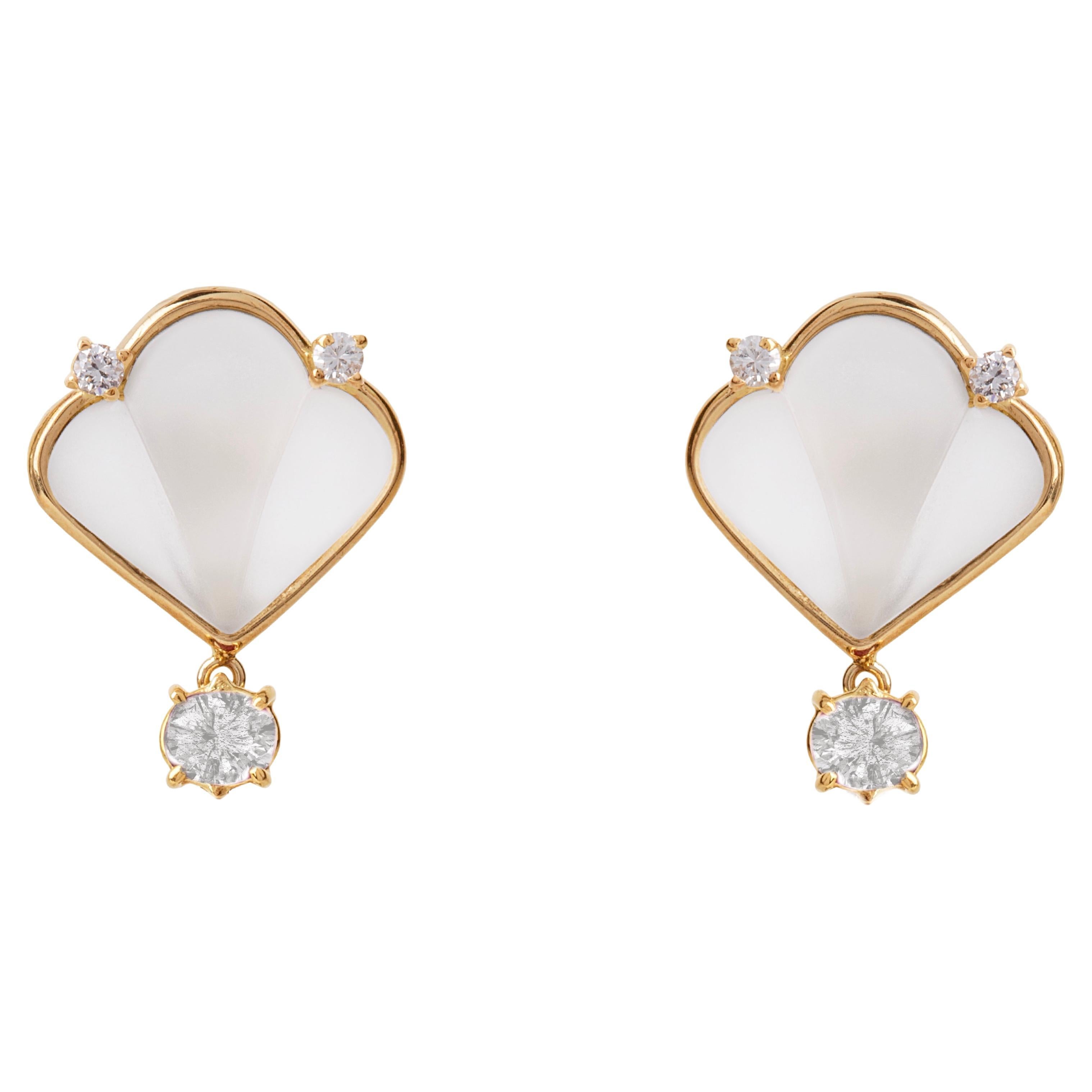 18K Yellow Gold Rock Crystal Diamond Stud Earrings For Sale