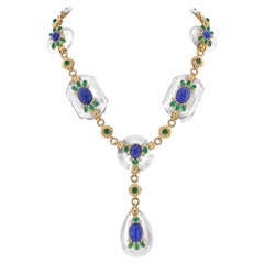 18K Yellow Gold Rock Crystal Floral Sautoir with Diamonds, Sapphires and Emerald
