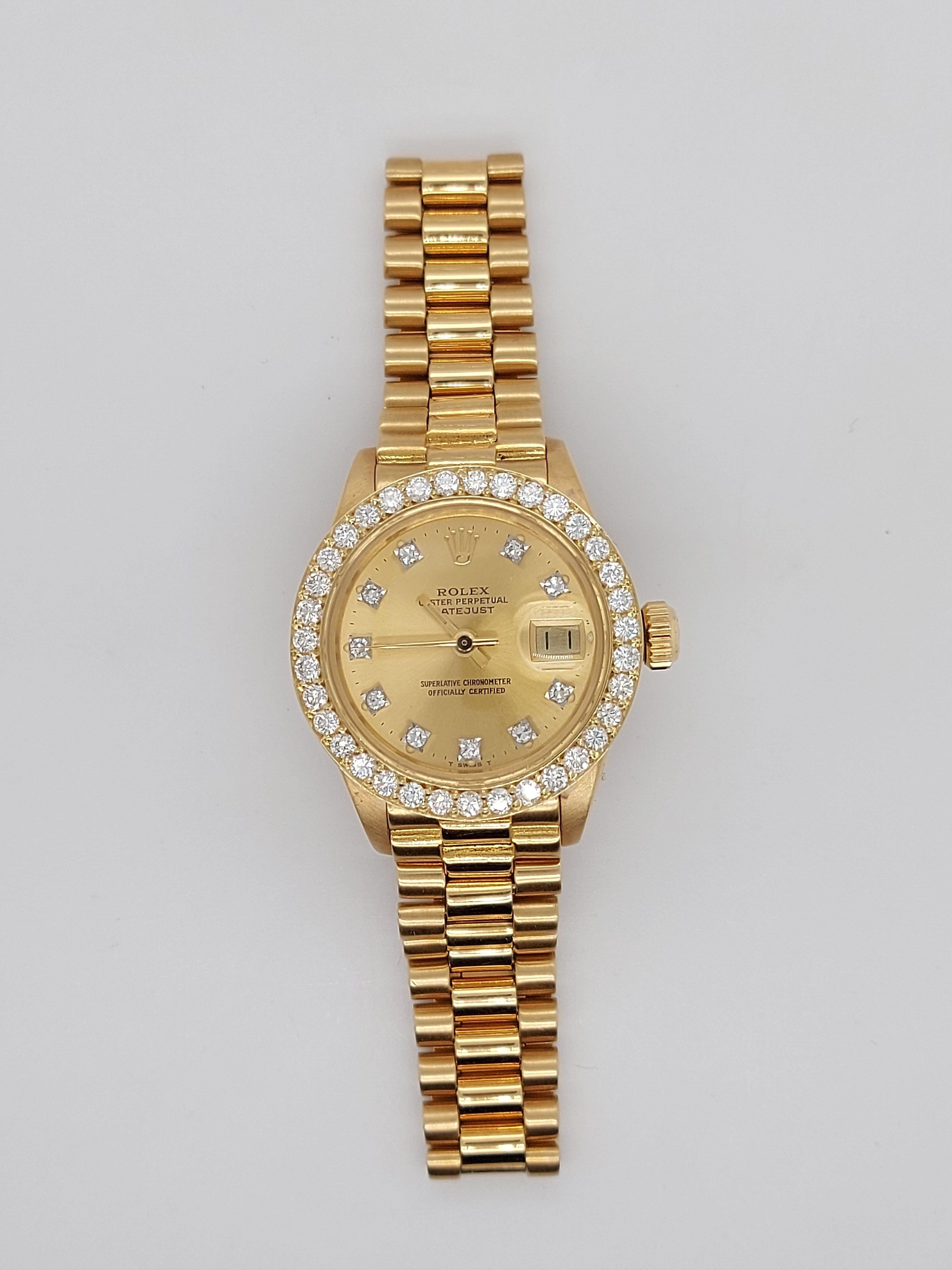 Modern 18 Karat Yellow Gold, Rolex Ladies, Datejust President with Diamonds Ref.6917